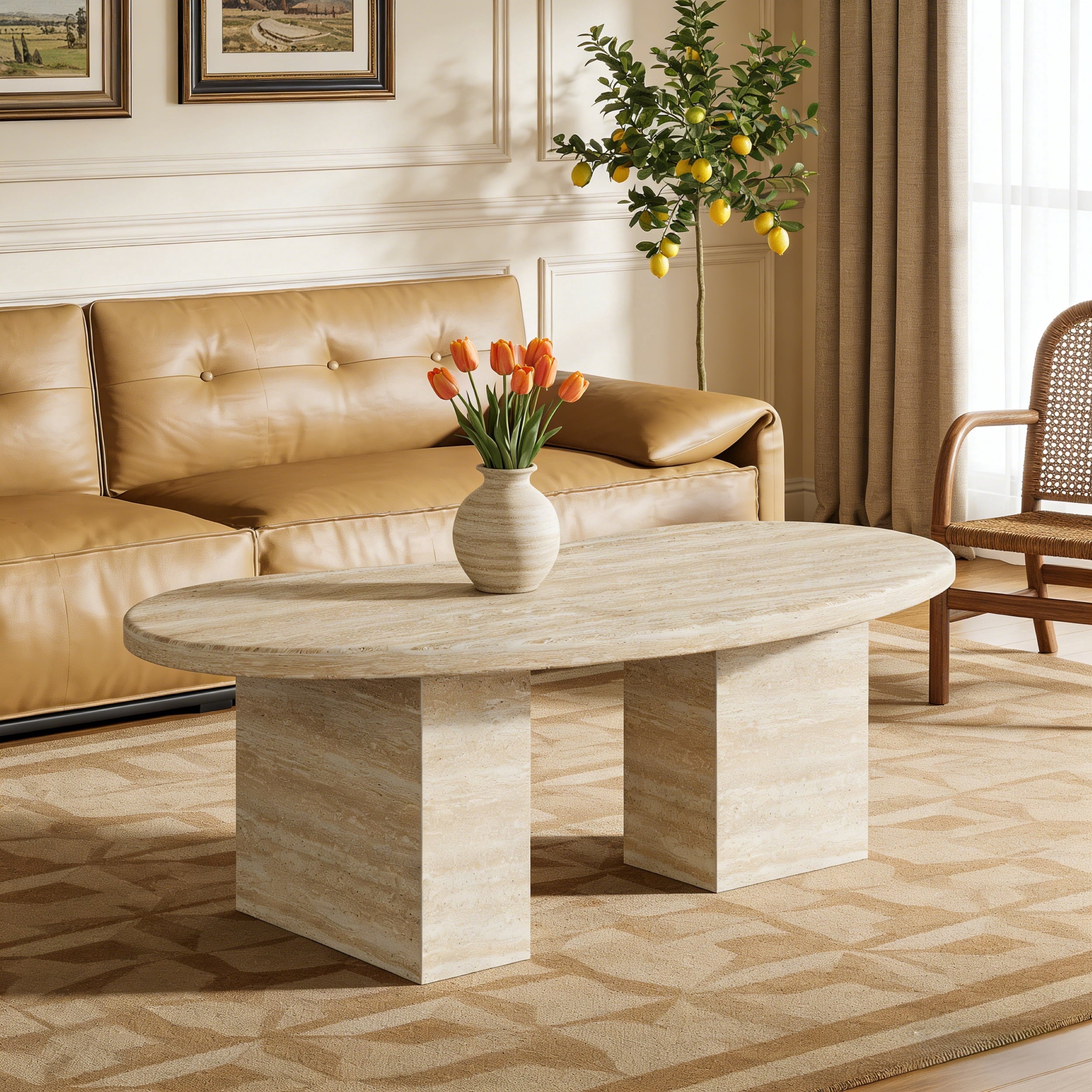 Fnova 45" Modern Oval Coffee Table, Wood Accent Center Table Sofa Side Table for Living Room, Easy Assembly,0