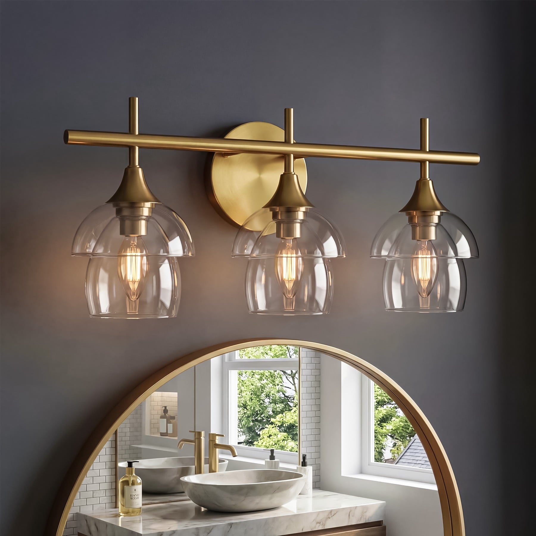 Fnova 3-Light Bathroom Vanity Light with 2-Tier Clear Glass Shade, E12 Base, Anti-Rust Finish for Bathroom Vanity Bedroom,WM011141_G_US