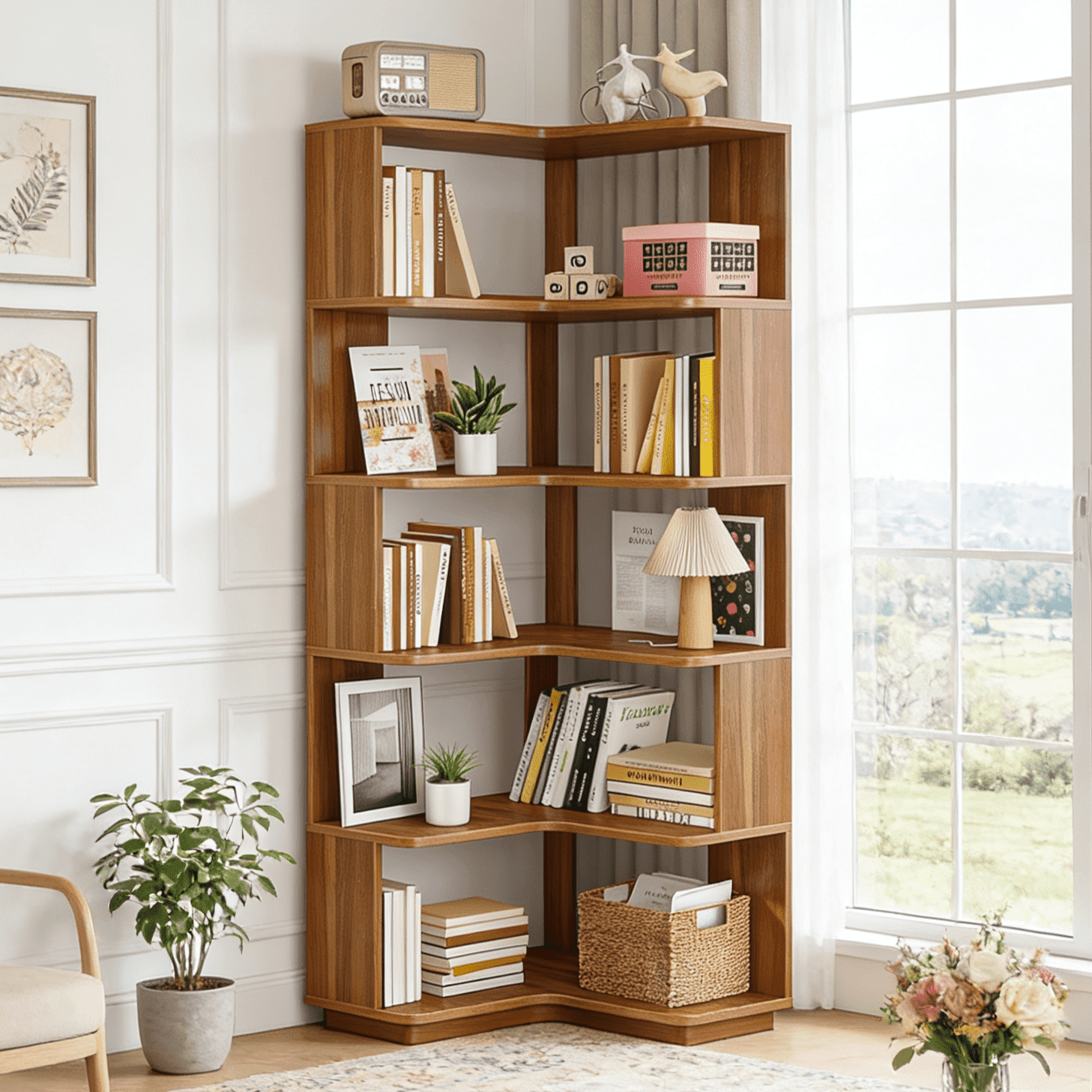 Fnova 64.9" 6 - Tier Industrial Corner Bookshelf£¬ Modern Wood L-Shaped Bookcase with Anti-Tip, Freestanding Corner Display Shelf Storage Organizer,Brown