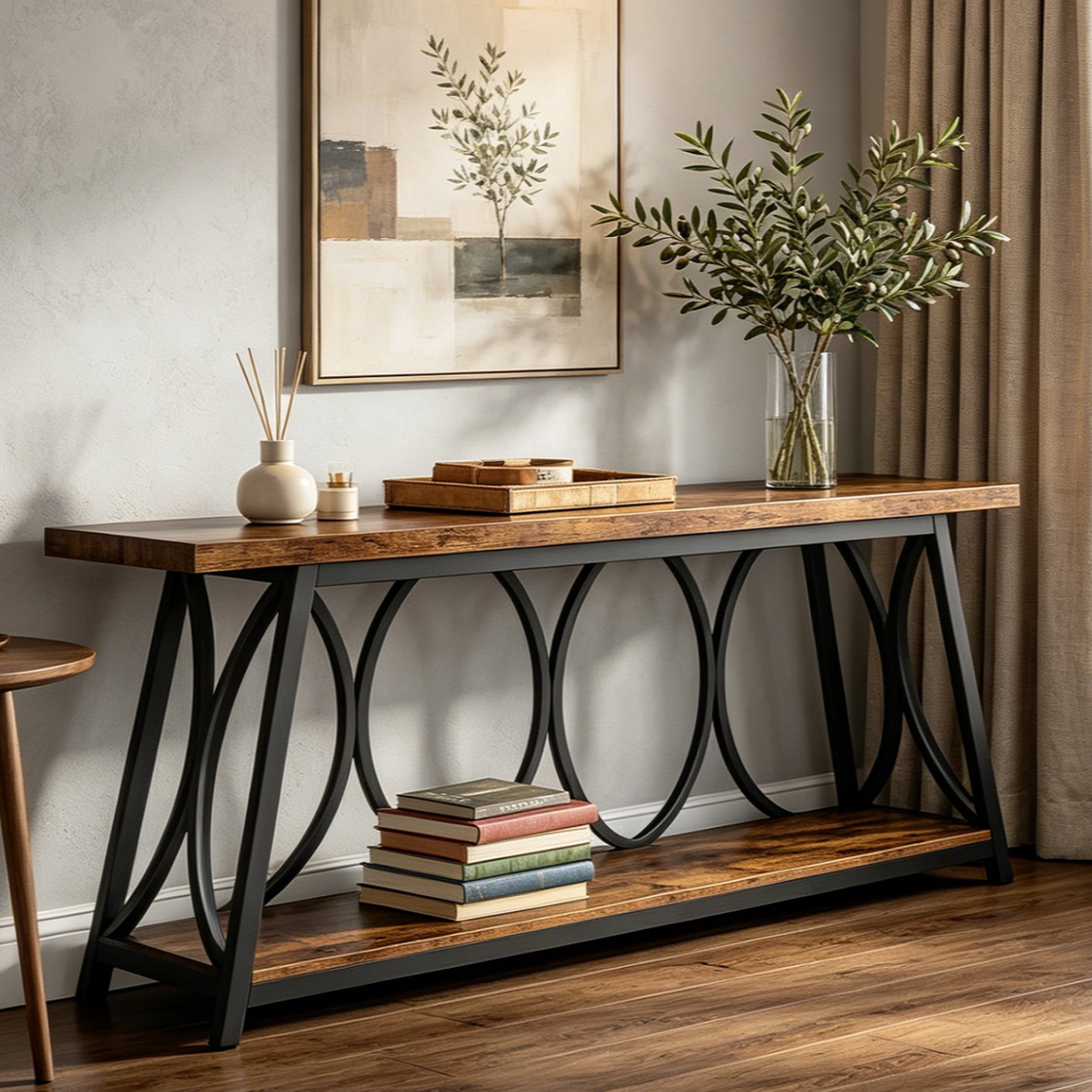 Fnova 70.87" Extra Long 2-Tier Console Table, Industrial Sofa Table with Decorative Circular Metal Frame,  Entryway Hallway Behind Couch Storage Console,Brown