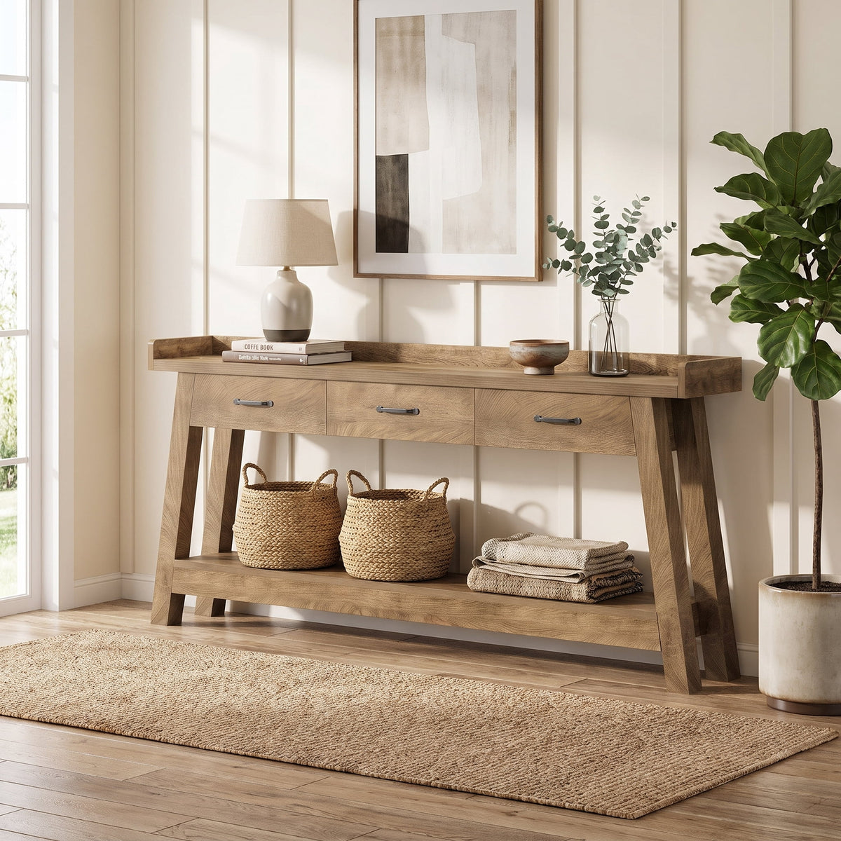 Fnova 70.9-Inch Sofa Console Table with 3 Drawers, 2-Tier Extra Long Farmhouse Entryway Table with Raised Baffle and Storage Shelves for Living Room, Hallway, Behind Couch,WM010983_BN_US