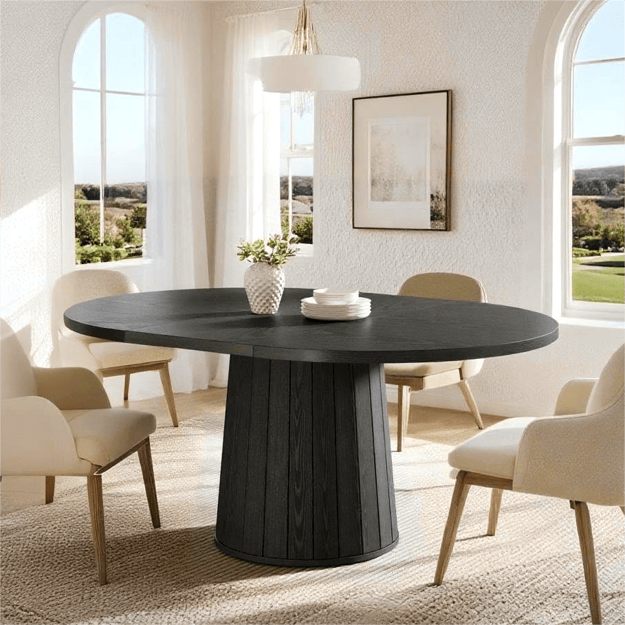 Fnova 55" Oval Dining Table for 6 People, Farmhouse Wood Kitchen Table with Round Shaped Base, Easy to Assemble,Black
