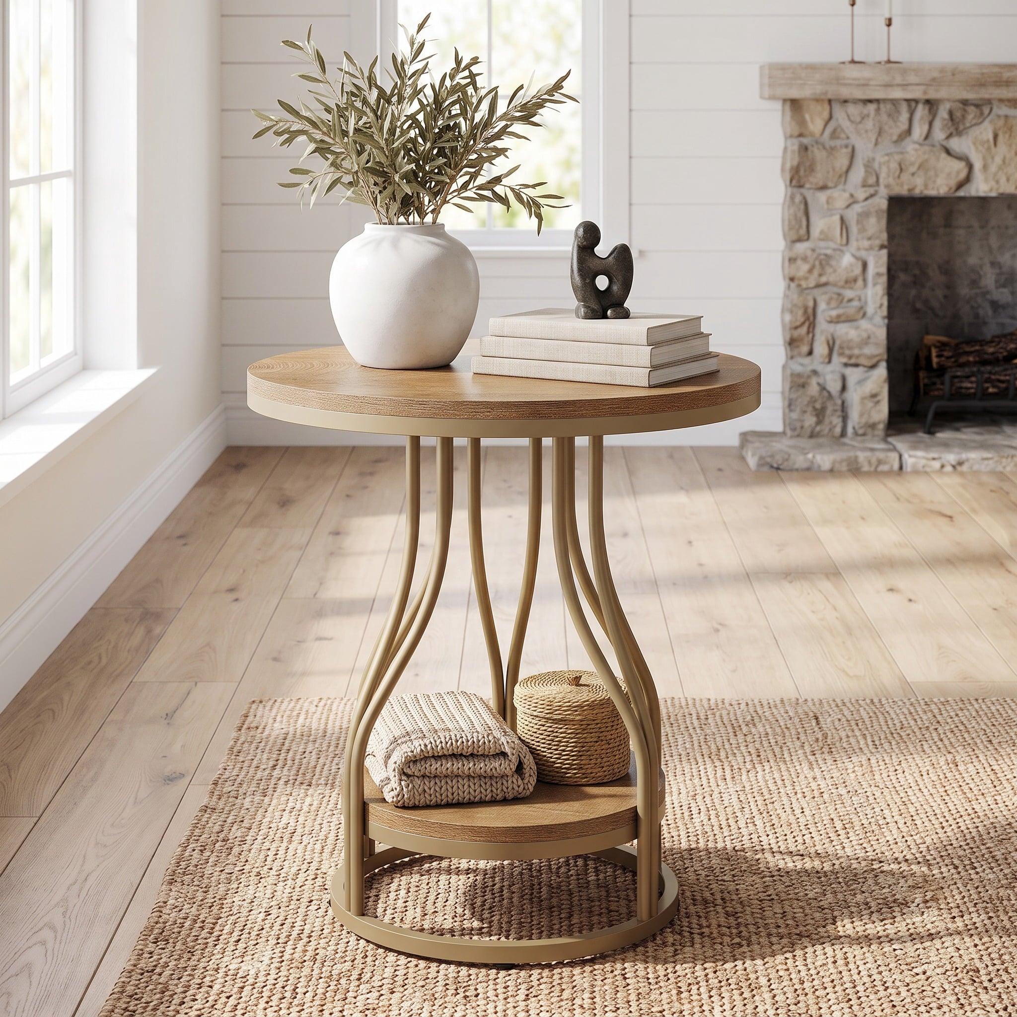 Fnova 23-Inch Round End Table, Modern 2-Tier Side Table with Storage and Metal Frame, Small Bedside Table for Living Room, Bedroom, Brown & Gold,WM010109M_BNG_US