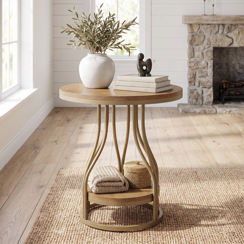 Fnova 23-Inch Round End Table, Modern 2-Tier Side Table with Storage and Metal Frame, Small Bedside Table for Living Room, Bedroom, Brown & Gold,WM010109M_BNG_US