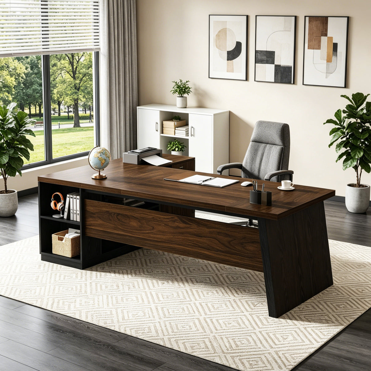 Fnova 77-Inch Large L-Shaped Executive Office Desk with File Drawers and Storage Shelves, Modern Computer Desk Writing Desk for Home Office,WM010430_DBN_US