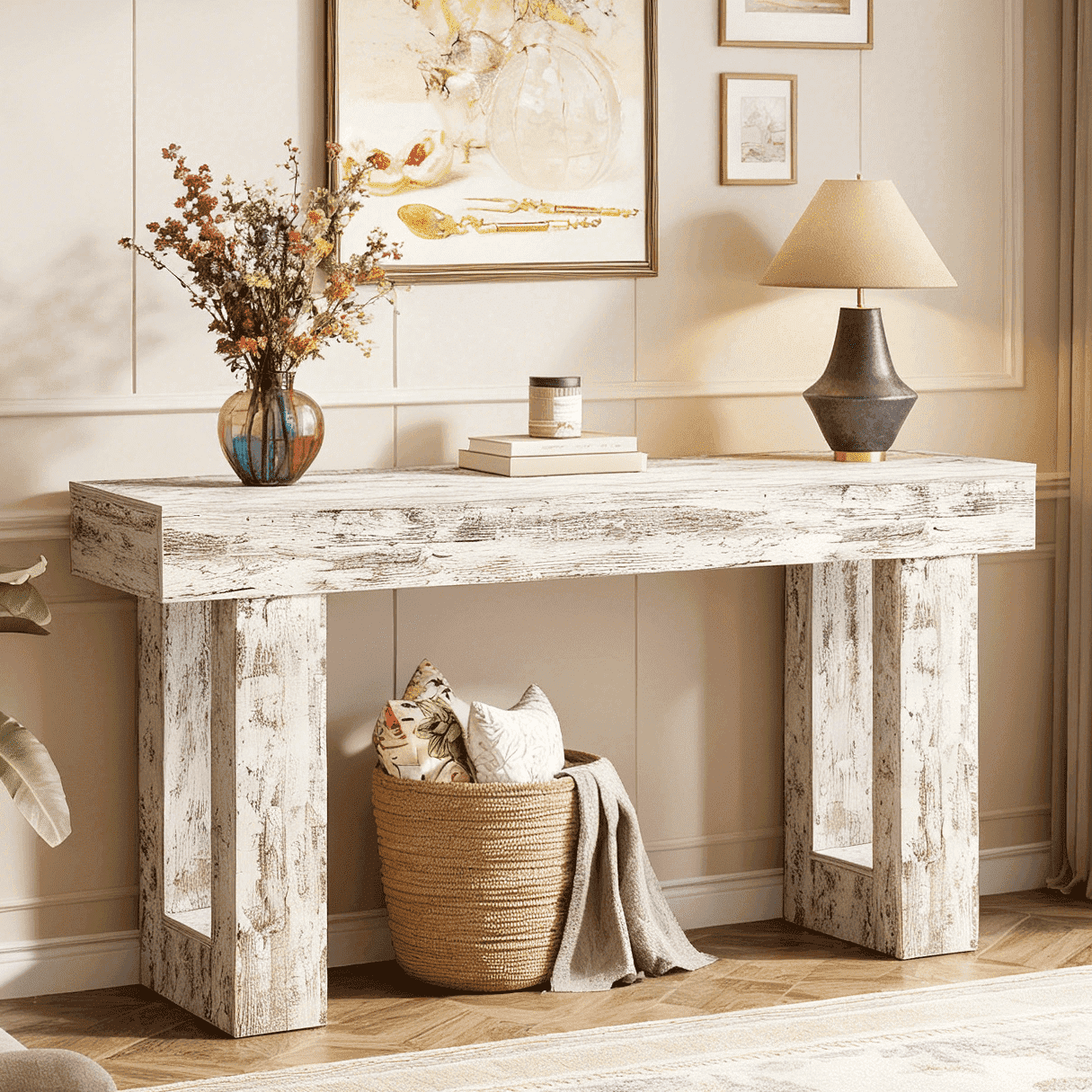 Fnova 63" Long Console Table, 2-Tier Wooden Narrow Rectangular Sofa Table Behind Couch, Farmhouse Entryway Table for Entrance, Hallway, Living Room,White