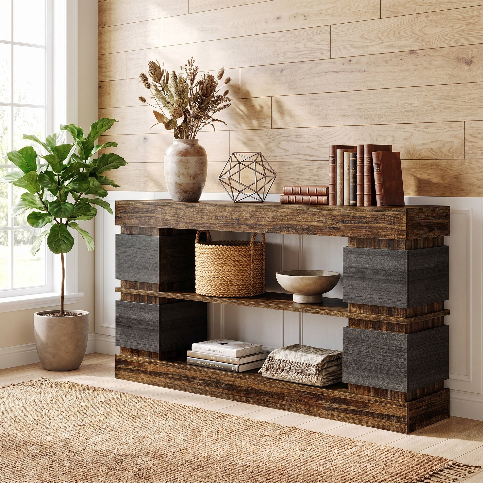 Fnova 63-Inch 3-Tier Open Storage Console Table, Two-Tone Engineered Wood Sofa Table with 4 Side Compartments for Entryway Hallway Living Room Foyer Decor,WM010967_BNB_US