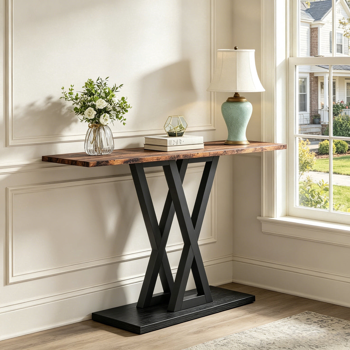 Fnova 43-Inch Console Table, Modern Faux Marble Hallway Entryway Table, Narrow Sofa Table with V-Shaped Metal Frame for Living Room, Entryway, Hallway, Foyer,WM010380_BNB_US
