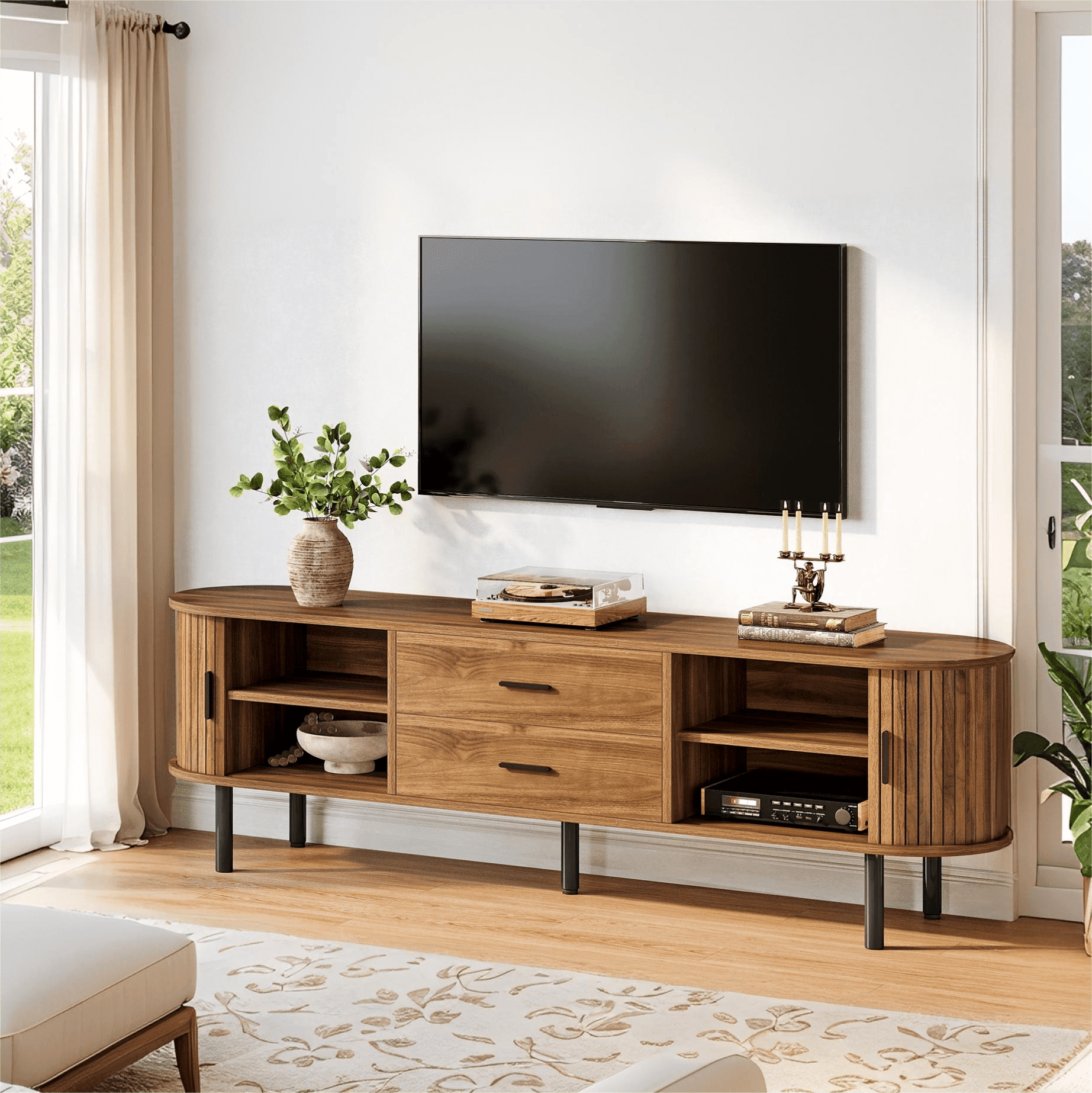 Fnova 70.87" Modern TV Stand for 75" TV, Oval Wooden Media Console Cabinet with 2 Drawers, 4 Adjustable Shelves for Living Room, Entryway, Bedroom,0