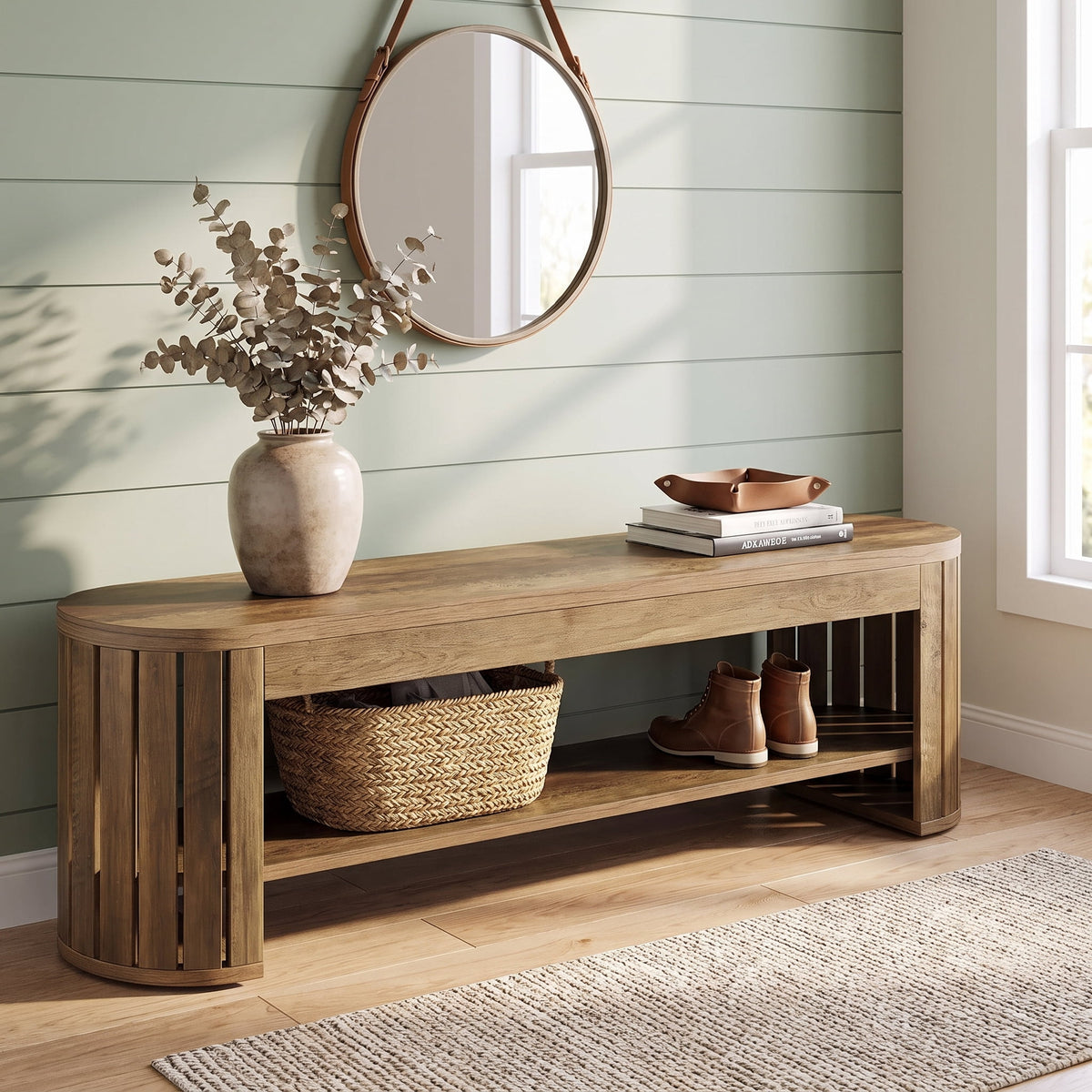 Fnova 63 Inch Farmhouse Entryway Shoe Bench, MDF Storage Bench with Vertical Slat Arc Legs for Bedroom Living Room Entrance,WM011221_BN_US