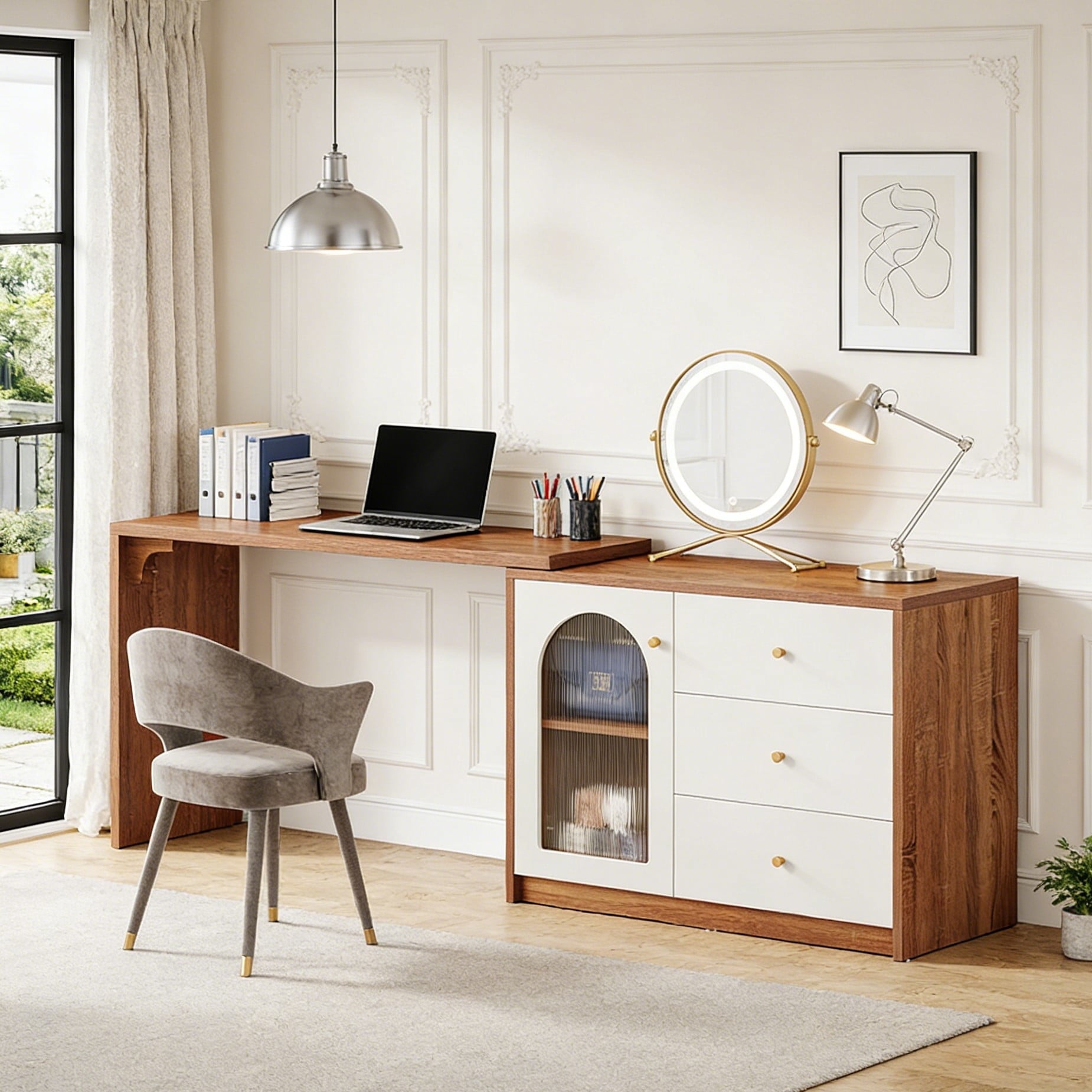 Fnova 48" Computer Desk, Modern Stretchable Convertible L-Shaped Dressing Table, Nail Corner Desk Station with Storage Cabinet and 3 Drawers, White Orange,White Orange