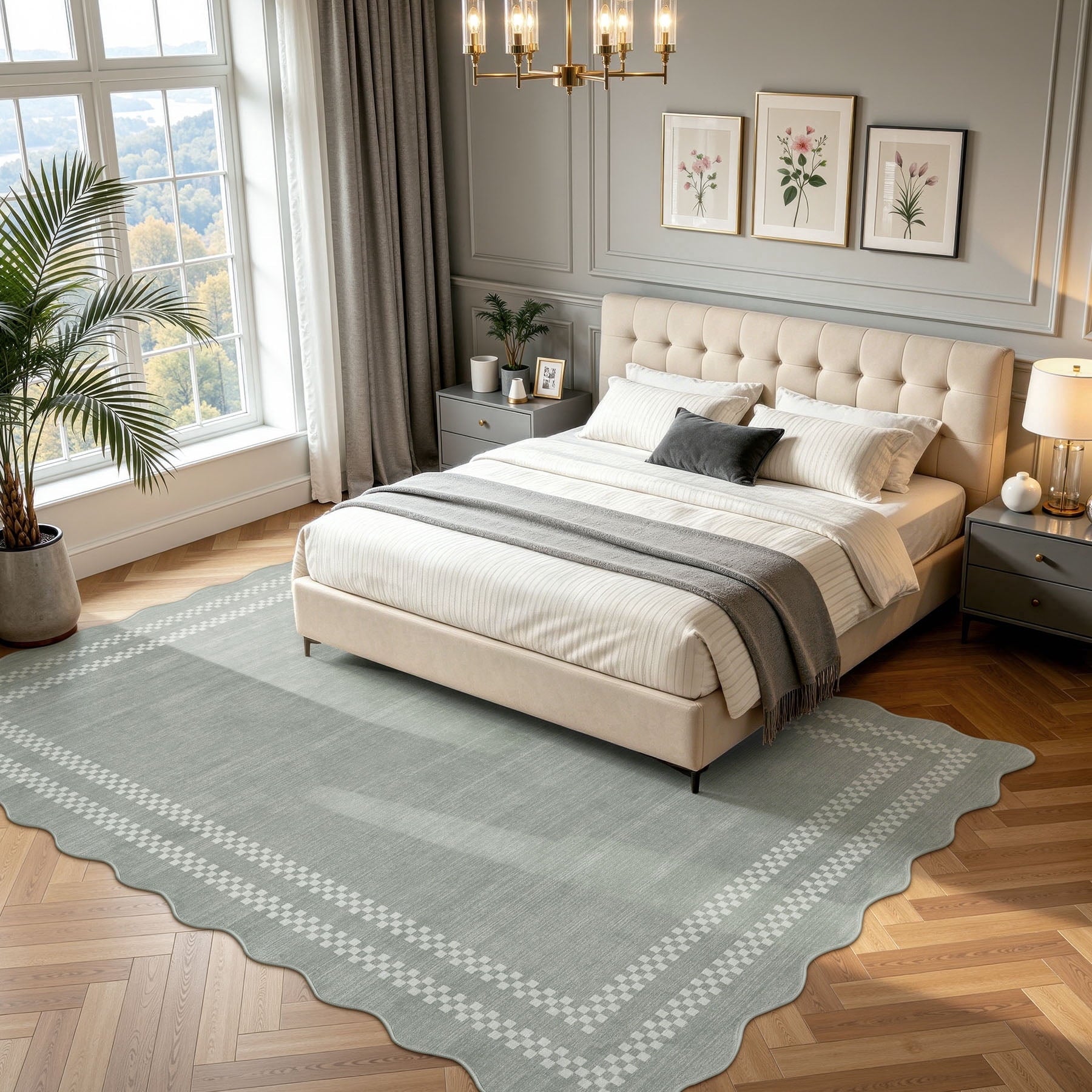 Fnova Scalloped Checker Border Area Rug, 8'x10' Machine Washable Non Slip Rug for Living Room Bedroom Dining Room, Kid and Pet Friendly Low Pile Indoor Carpet,Gray,8'x10'