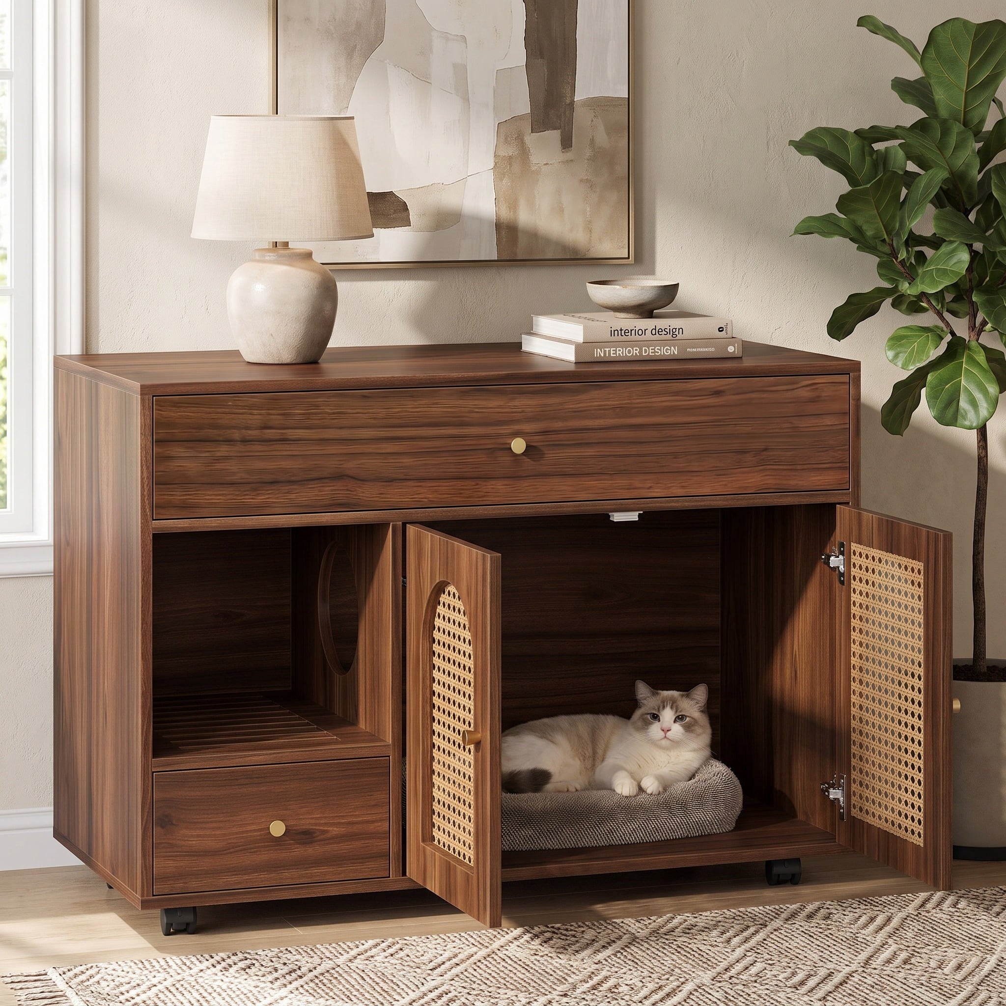 Fnova 37.4-Inch Cat Litter Box Enclosure with Drawers, Hidden Litter Box Furniture with Rattan Doors, Mobile Cat House Storage Organizer Cabinet with Wheels for Living Room Home Decor,WM010614_DBN_US