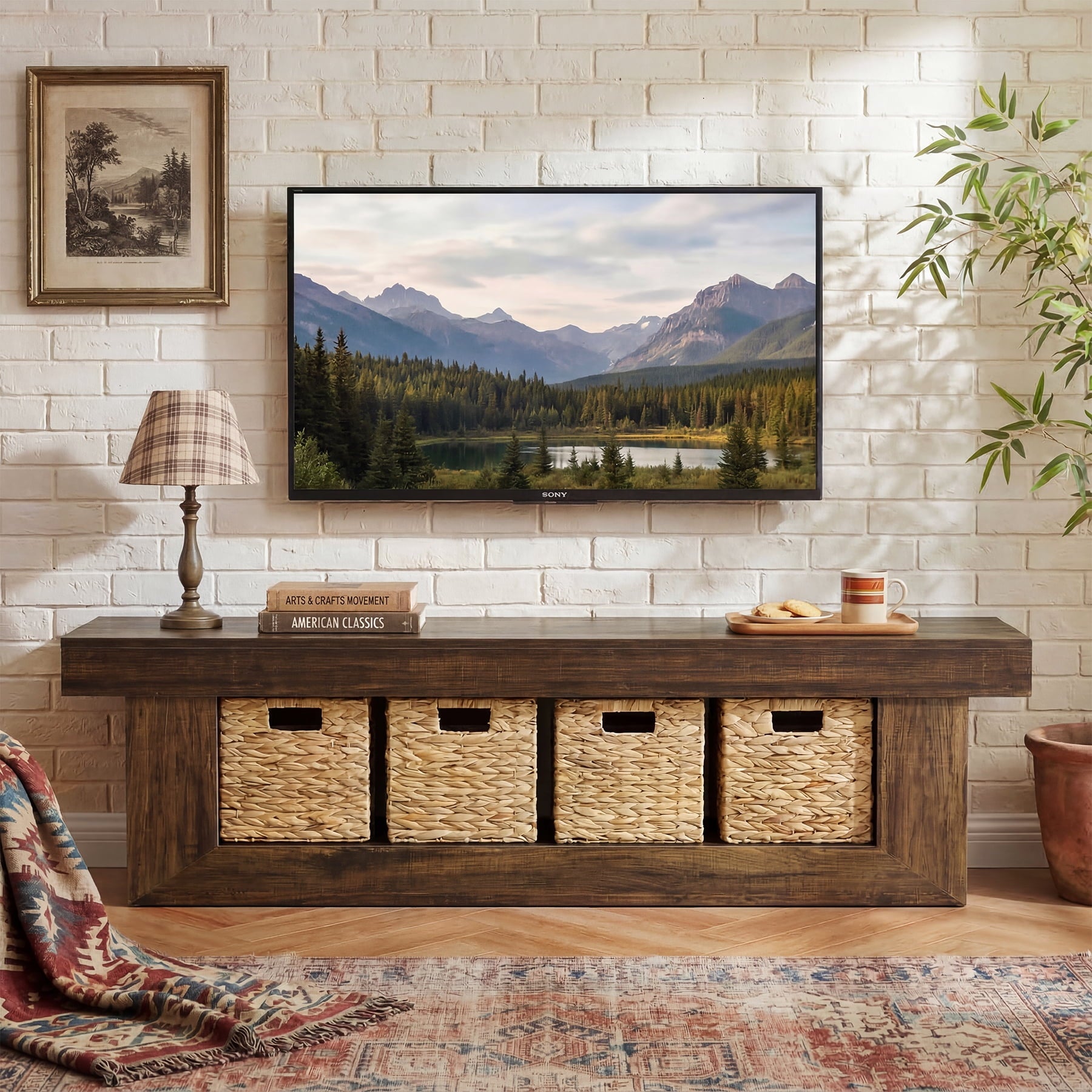 Fnova 63-Inch TV Stand with 2-Tier Open Storage, Fits Up to 65-Inch TVs for Living Room Bedroom,WM011336_DBN_US