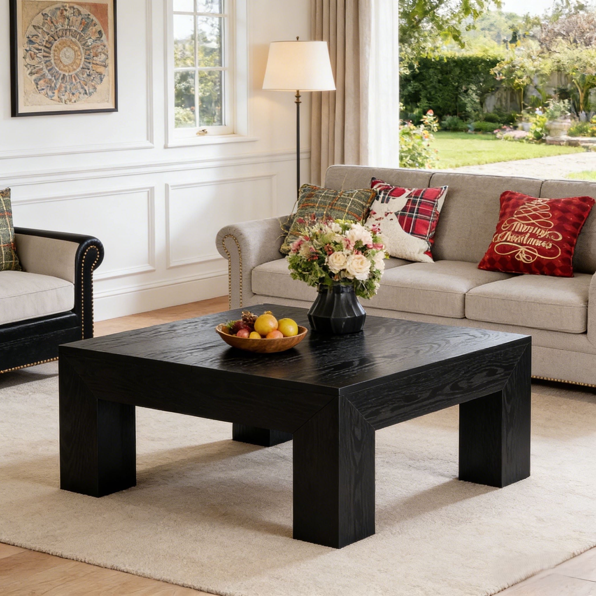 Fnova 39.4" Square Coffee Table, Farmhouse Wood Accent Center Cocktail Table with Sturdy Wooden Legs for Living Room, Easy Assembly,Black