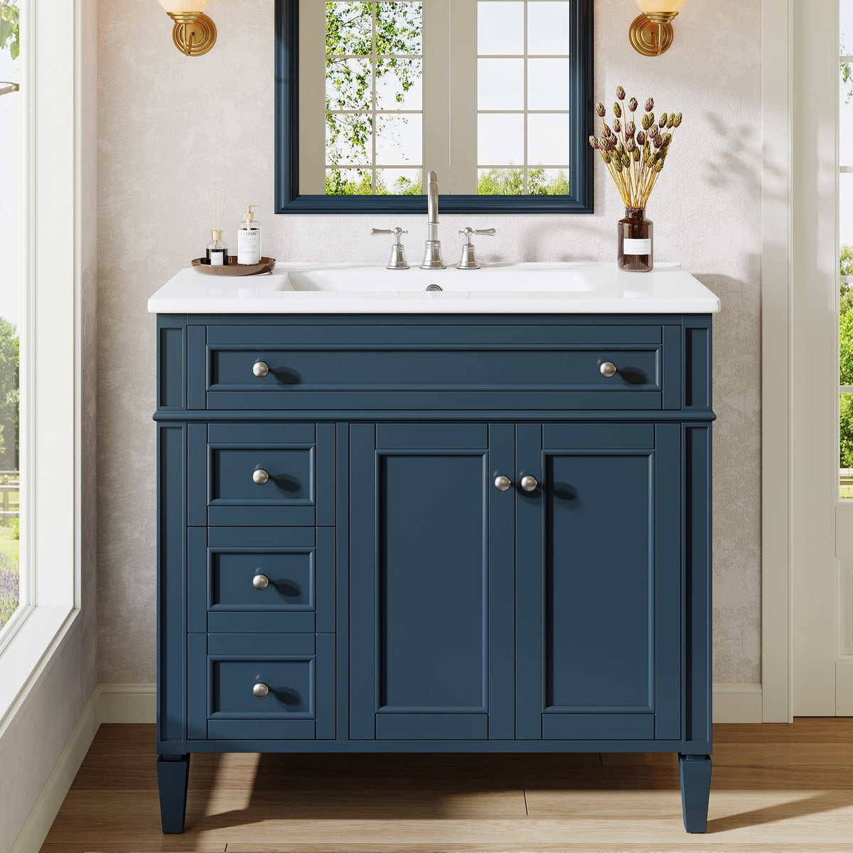 Fnova 36-Inch Freestanding Bathroom Vanity with Ceramic Top, Painted Storage Organizer Cabinet with Drawers & Doors, Modern Bathroom Sink Cabinet with Adjustable Shelves, Bathroom Home Decor,WM011335_BL36_US