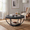 Fnova Coffee Table with 2 - Tier Storage, 32-Inch Round Wood Coffee Table with Metal Legs, Modern Rustic Style Center Table for Living Room, Dark Black,WM010203_BB_US