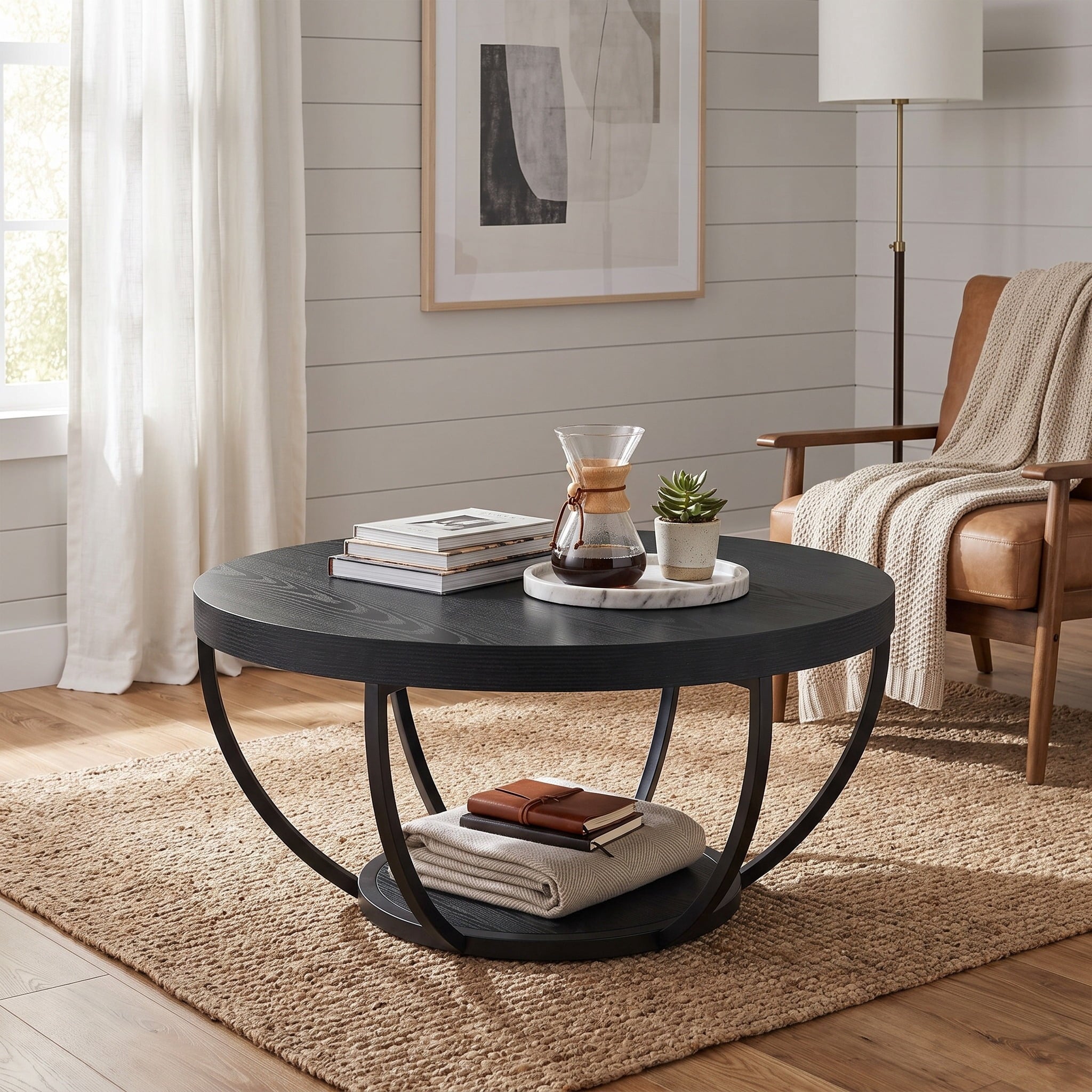 Fnova Coffee Table with 2 - Tier Storage, 32-Inch Round Wood Coffee Table with Metal Legs, Modern Rustic Style Center Table for Living Room, Dark Black,WM010203_BB_US