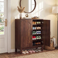 Fnova 5-Tier Shoe Storage Cabinet with Doors, Farmhouse Wooden Shoe Cabinet with Adjustable Shelves, Freestanding Entryway Shoe Organizer for Hallway, Living Room, Walnut