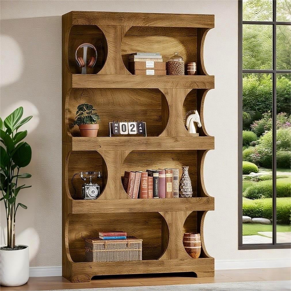 Fnova 71" Tall Bookshelf, 4-Tier Modern Freestanding S-Shaped Bookcase, Wood Decorative Display Storage Shelving, Large Library Book Shelf Unit for Home Office Living Room, Brown,Brown