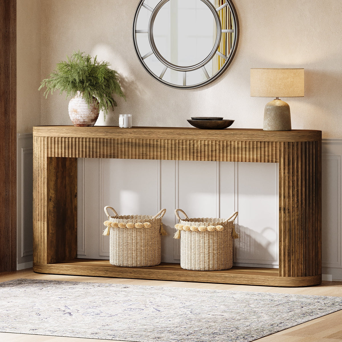 Fnova 63-Inch Industrial Console Table, Fluted Narrow Sofa Table with Semi-Cylinder Supports, Easy Assembly, for Entryway, Hallway, Foyer, Living Room,WM010314_DBN_Console