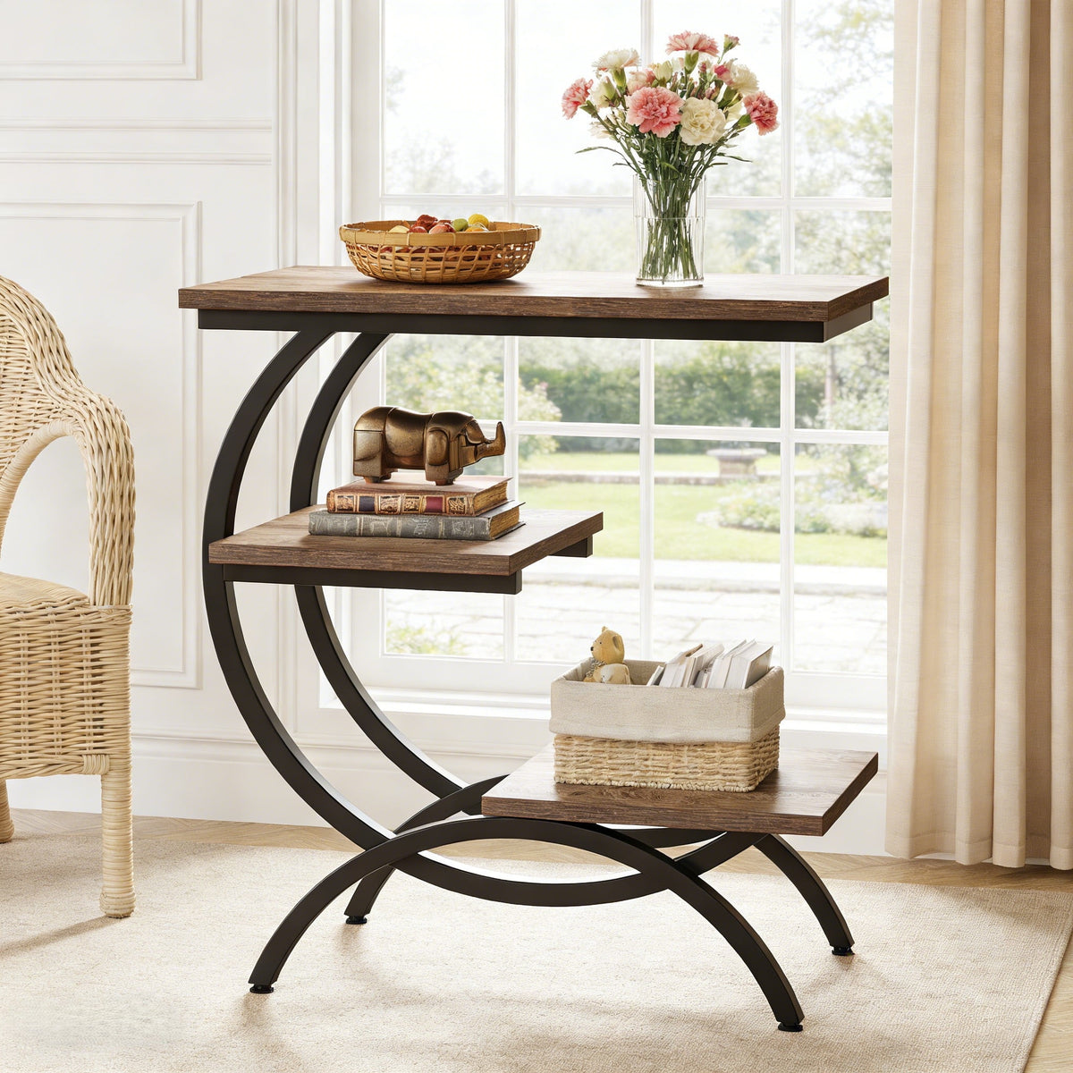Fnova 3-Tier C-Shaped End Table, Modern Industrial Wooden Side Table with Metal Frame, for Living Room, Bedroom, Entryway,WM010287_LBN_Tables