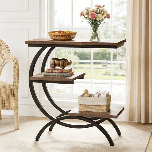 Fnova 3-Tier C-Shaped End Table, Modern Industrial Wooden Side Table with Metal Frame, for Living Room, Bedroom, Entryway,WM010287_LBN_Tables