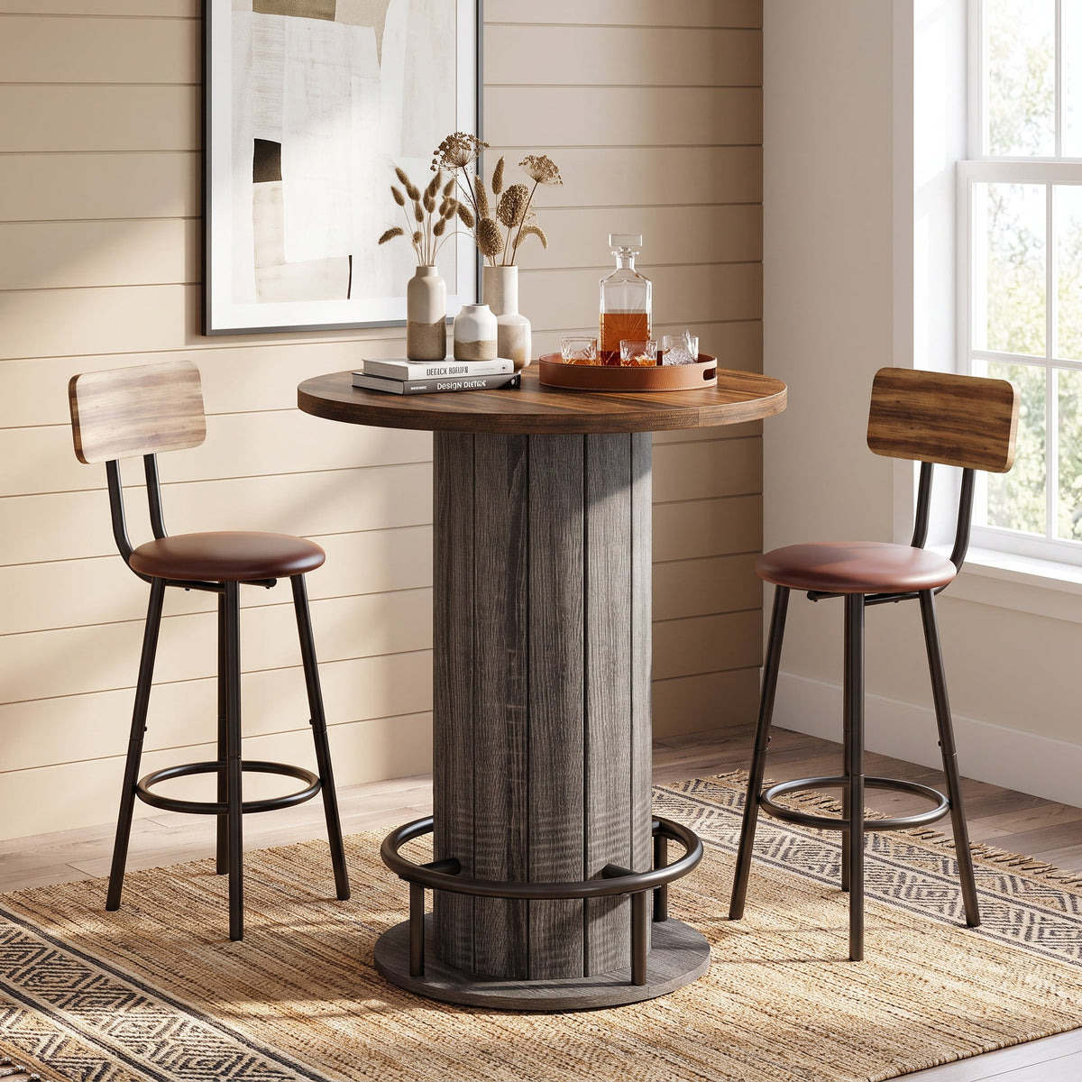 Fnova 39.4-Inch Round Dining Table, Small Circle Kitchen Table with Wood Strip Base and Metal Footrest for Dining Room, Kitchen, Bar, Easy to Assemble,WM010252_BNG_US