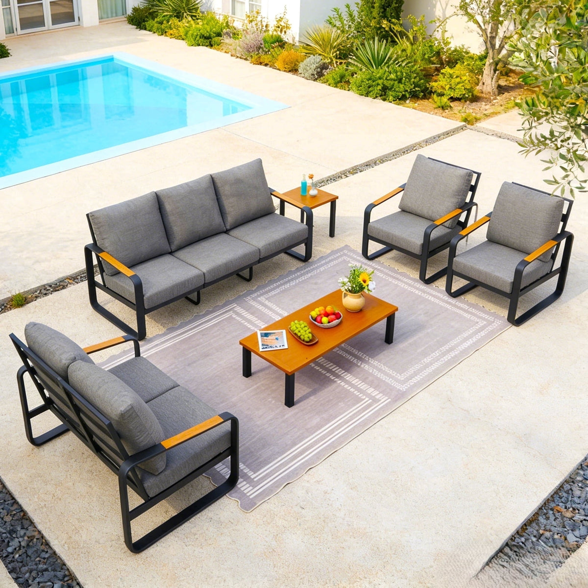 Fnova 6 Piece Patio Conversation Sets, Outdoor Patio Furniture Set with Coffee Table & Thick Cushions, Outdoor Sectional Furniture Set for Porch, Balcony, Backyard,WM011522_G_US