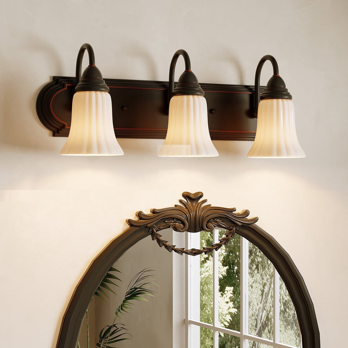 Fnova 3-Light Bathroom Light Fixtures, Black Vanity Lights for Bathroom with Milky White Glass Shades, Vintage Wall Sconce Light for Mirror, E26 Socket, Vanity Bathroom/Bedroom/Living Room,WM011117M-B-Light