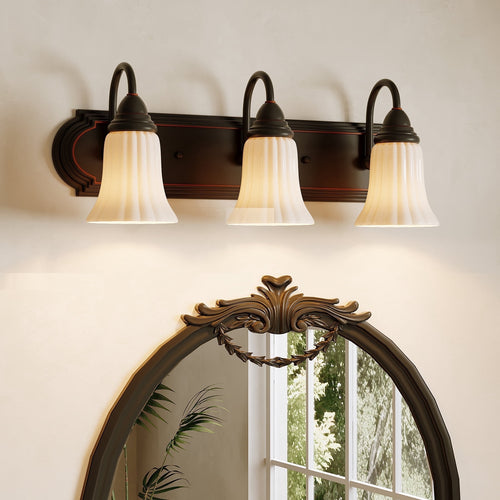 Fnova 3-Light Bathroom Light Fixtures, Black Vanity Lights for Bathroom with Milky White Glass Shades, Vintage Wall Sconce Light for Mirror, E26 Socket, Vanity Bathroom/Bedroom/Living Room,WM011117M-B-Light