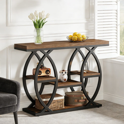 Fnova 39.4-Inch Industrial Console Table, 4-Tier Retro Staggered Storage Shelves, Narrow Wood Accent Table with Metal Frame, for Small Spaces, Entryway, Sofa, Hallway,WM010306_BN_Console