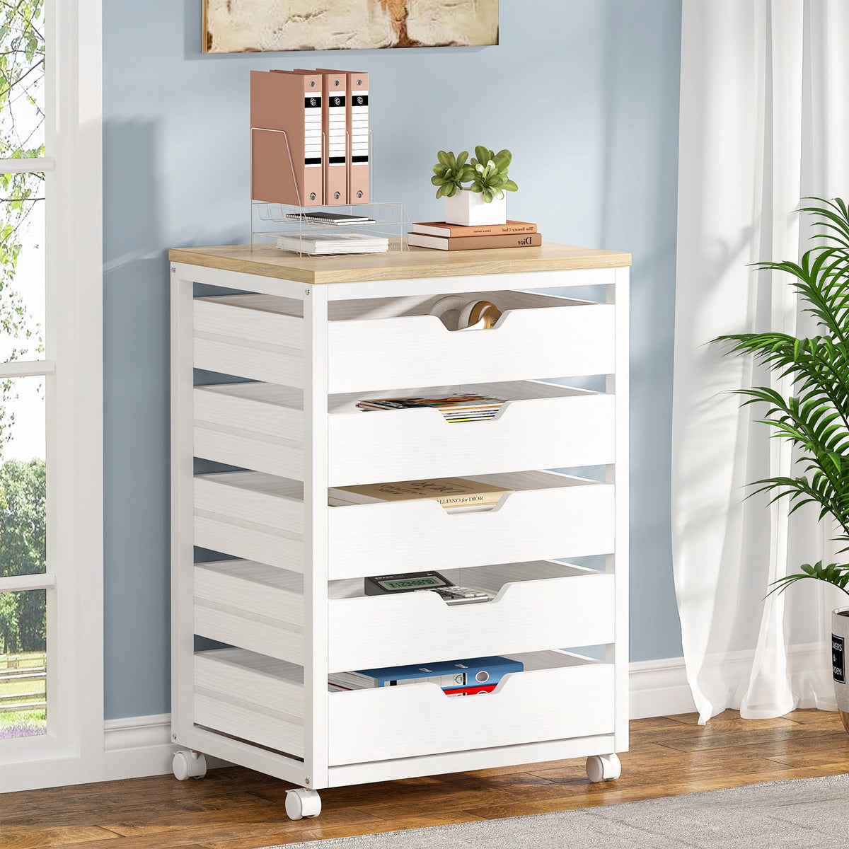 Fnova 5-Drawer Mobile Storage Cabinet with Wheels, Industrial Wooden File Cabinet for Office, Home, Study, Bedroom, Under Desk Organizer,WM011324_W_Cabinet