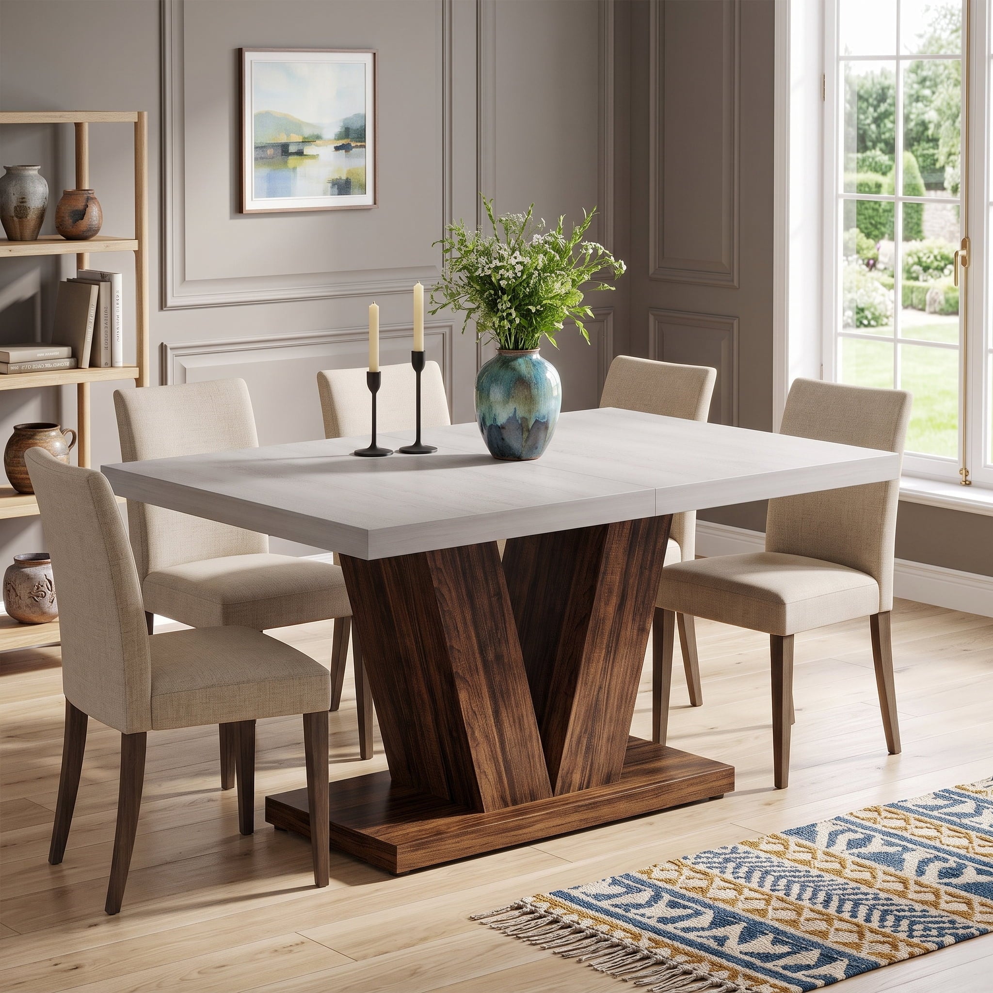 Fnova 47.24-Inch Rectangular Farmhouse Dining Table, Wood Coffee Table for 4 People, Modern Kitchen Table for Dining Room, White Brown (Chairs Not Included),WM010229C_WBN_Tables