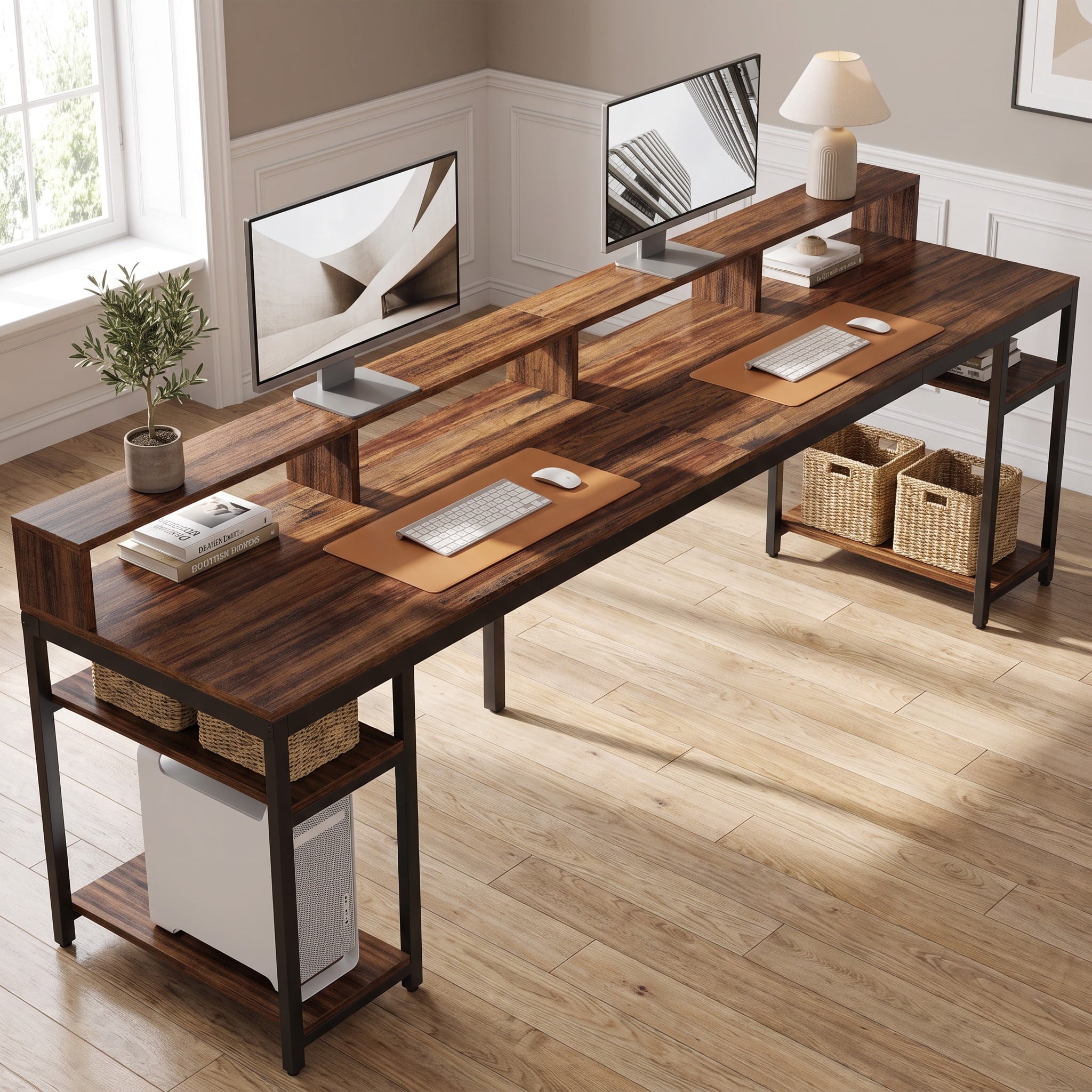 Fnova 78.74-Inch Long Computer Desk with Monitor Stand and Storage Shelves, Industrial Home Office Writing Desk for 2, Brown,WM010405C_BN_Desk
