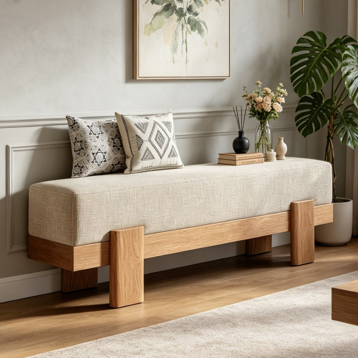 Fnova 55-Inch Upholstered Entryway Bench, Soft Padded Seat, Modern Indoor End of Bed Bench for Bedroom Entryway Living Room Stair Corner,WM011214_W_US