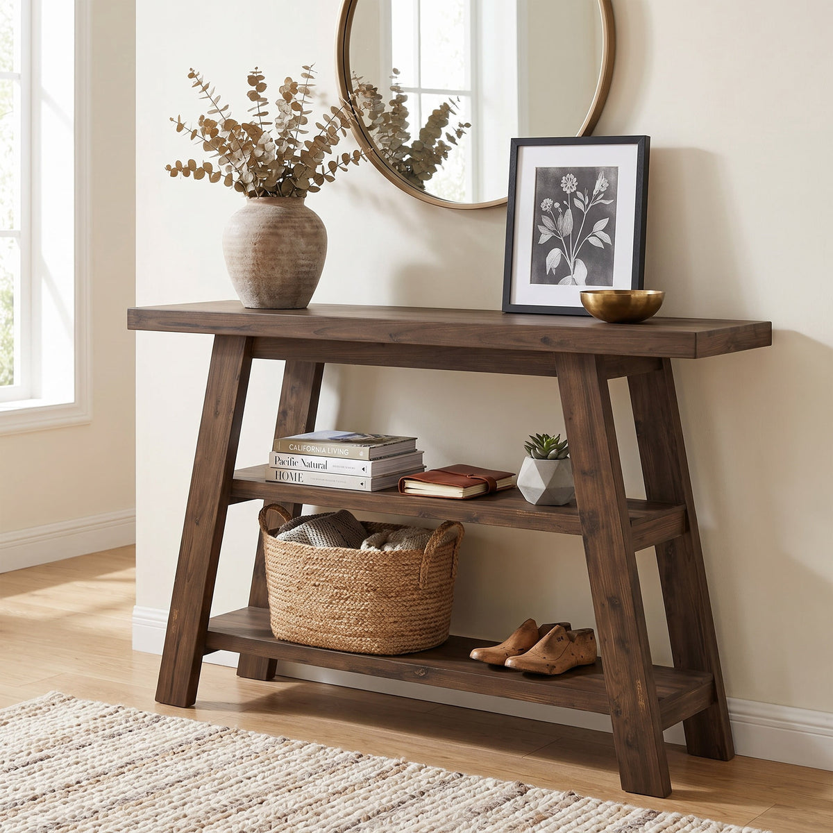 Fnova 47.24-Inch 3-Tier Solid Wood A-Frame Console Table, Farmhouse Open Storage Sofa Table for Entryway Hallway Living Room Foyer Decor,WM010972_DBN_US
