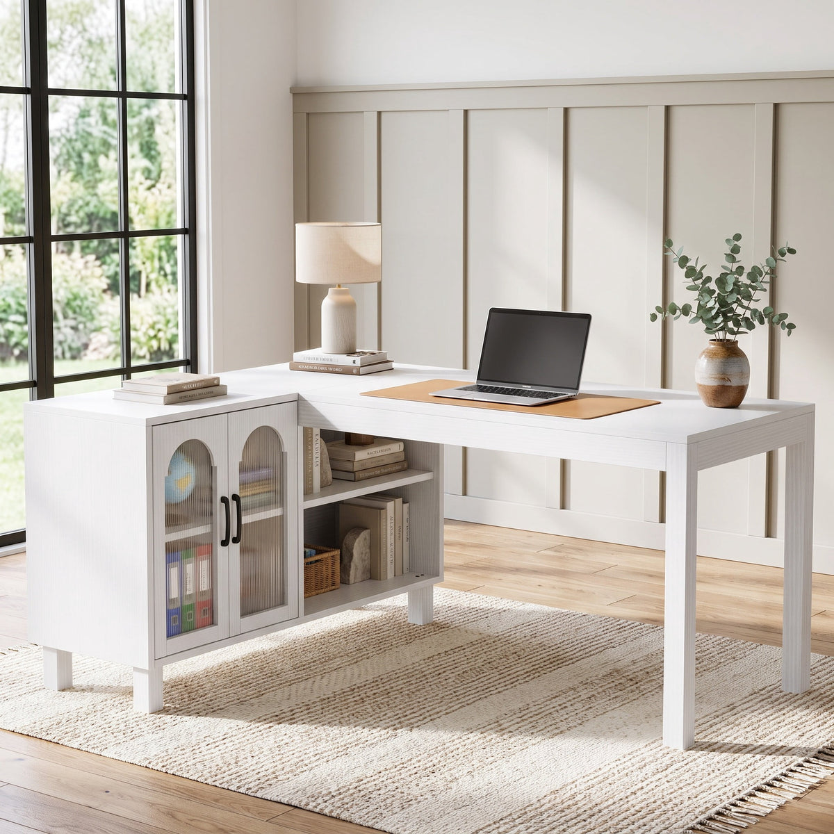 Fnova 59-Inch L-Shaped Corner Desk, Storage Cabinet Corner Computer Desk for Home Office, Gaming Setup Workstation, Study Room & Small Space,WM010832_W_US1