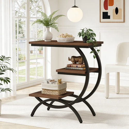 Fnova 3-Tier C-Shaped End Table, Modern Industrial Wooden Side Table with Metal Frame, for Living Room, Bedroom, Entryway,Brown