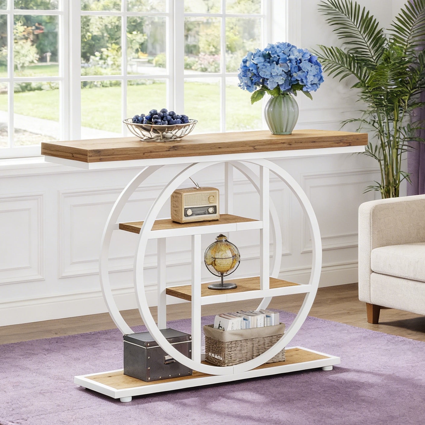 Fnova Console Table, Entryway Table with 4-Tier Storage Shelves, 42" Wood Modern Narrow Long Side Table, , Sofa Table, Accent Table for Living Room, Entryway, Hallway, White and Brown,White and Brown
