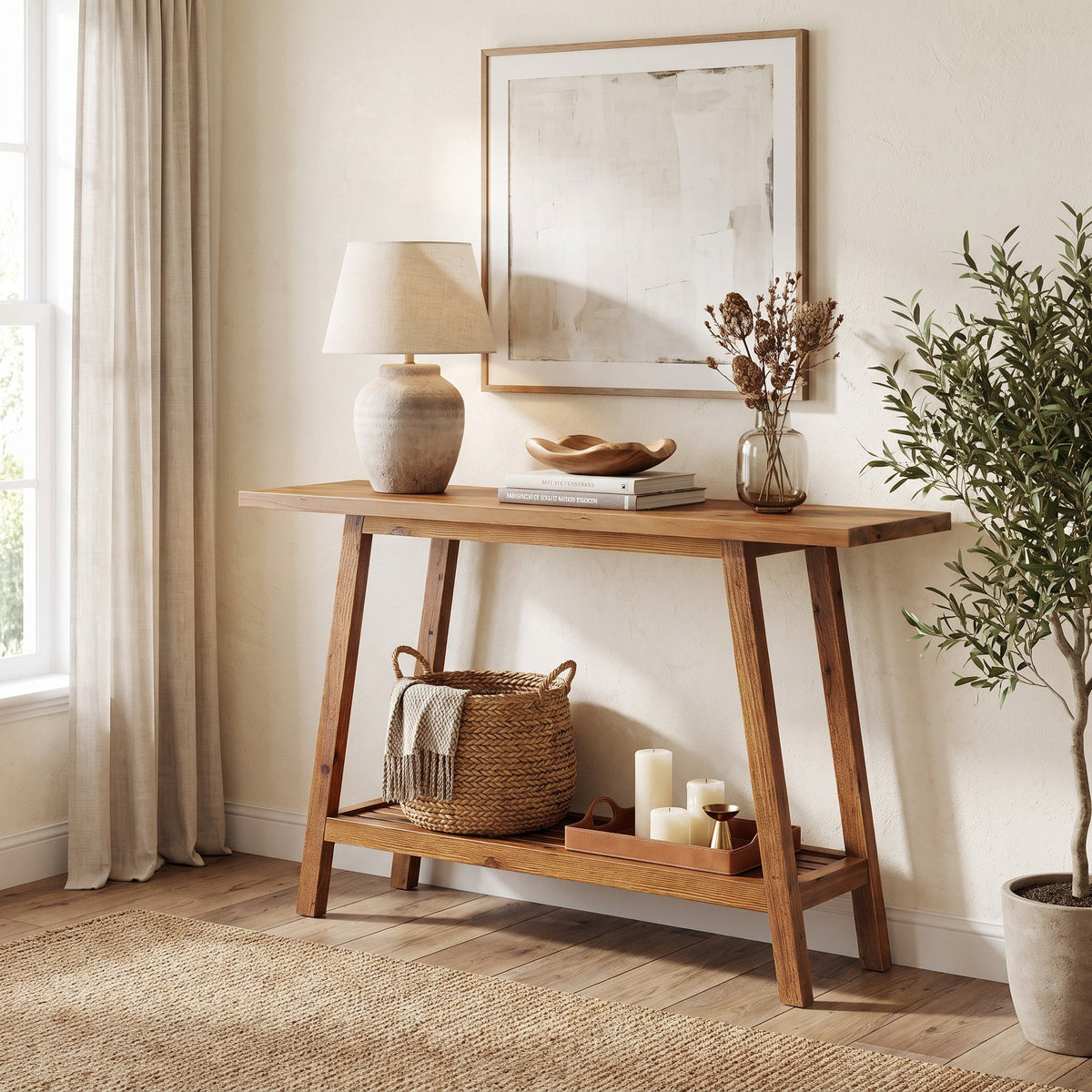 Fnova 41.3 Inch Solid Wood Console Table, 2-Tier Farmhouse Sofa Table with Storage Shelf, Narrow Behind Couch Accent Table for Living Room, Entryway, Hallway,WM010986_BN_US