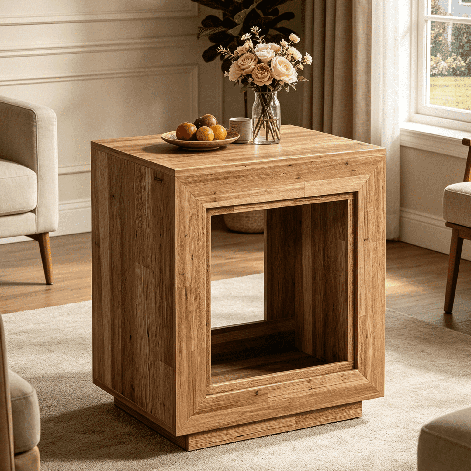 Fnova End Table Farmhouse Square Side Table with Storage, Wooden Sofa Table with Central Hollow Design, Modern Bedside Table, Easy Assembly, for Living Room, Bedroom, Nightstand,WM010123_LBN_US