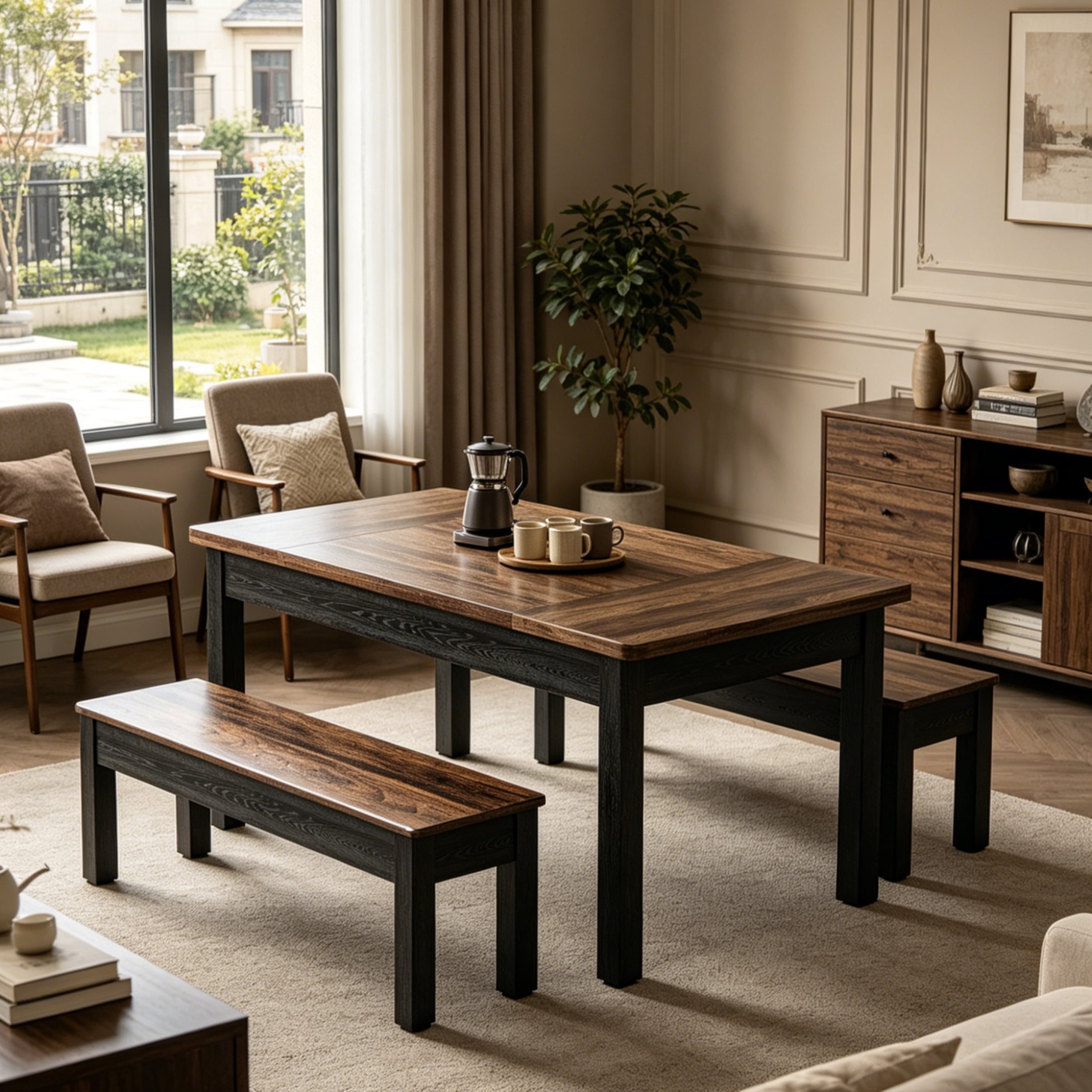 Fnova 3 Pieces Dining Table Set for 4-6 with 2 Benches, 55" Farmhouse Wood Kitchen Table and Space Saving Tuck Under Benches for Kitchen Dining Room,Brown Black