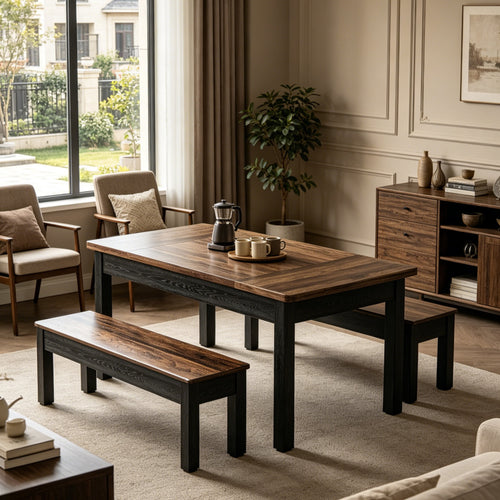 Fnova 3 Pieces Dining Table Set for 4-6 with 2 Benches, 55" Farmhouse Wood Kitchen Table and Space Saving Tuck Under Benches for Kitchen Dining Room,Brown Black