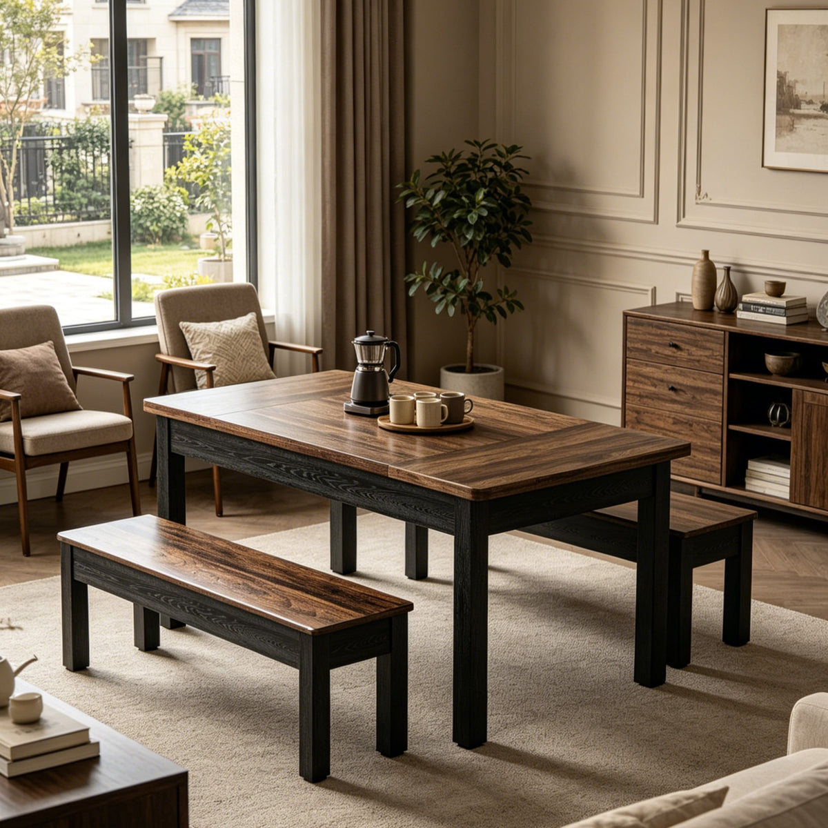 Fnova 3 Pieces Dining Table Set for 4-6 with 2 Benches, 55-Inch Farmhouse Wood Kitchen Table and Space Saving Tuck Under Benches for Kitchen Dining Room,WM010237_BN_Tables