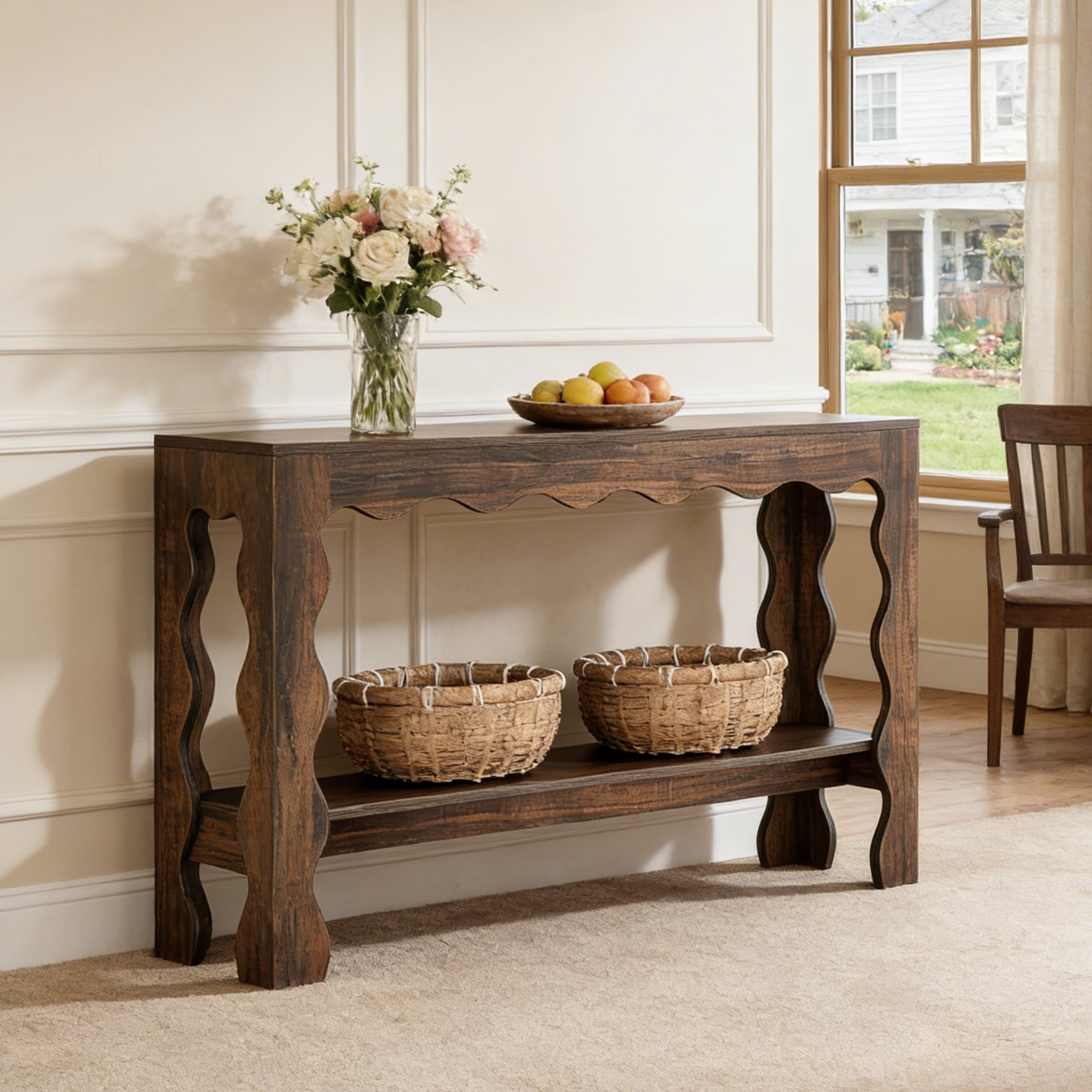Fnova 63" Farmhouse Console Table with 2-Tier Storage Shelf, Scallop Design Entryway Table, Narrow Sofa Table for Living Room, Hallway, Foyer,Dark Brown