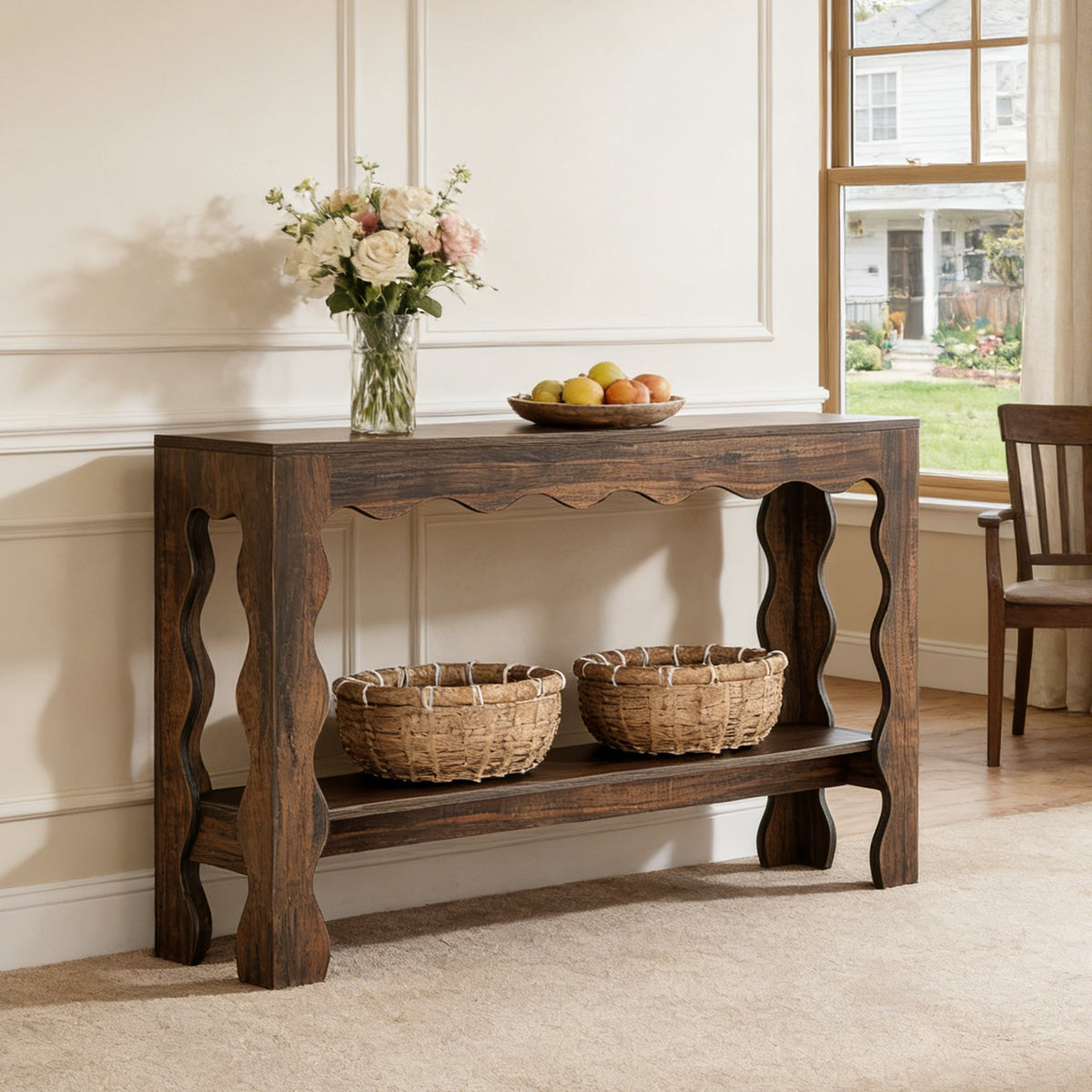 Fnova 63-Inch Farmhouse Console Table with 2-Tier Storage Shelf, Scallop Design Entryway Table, Narrow Sofa Table for Living Room, Hallway, Foyer,WM010331_DBN_US