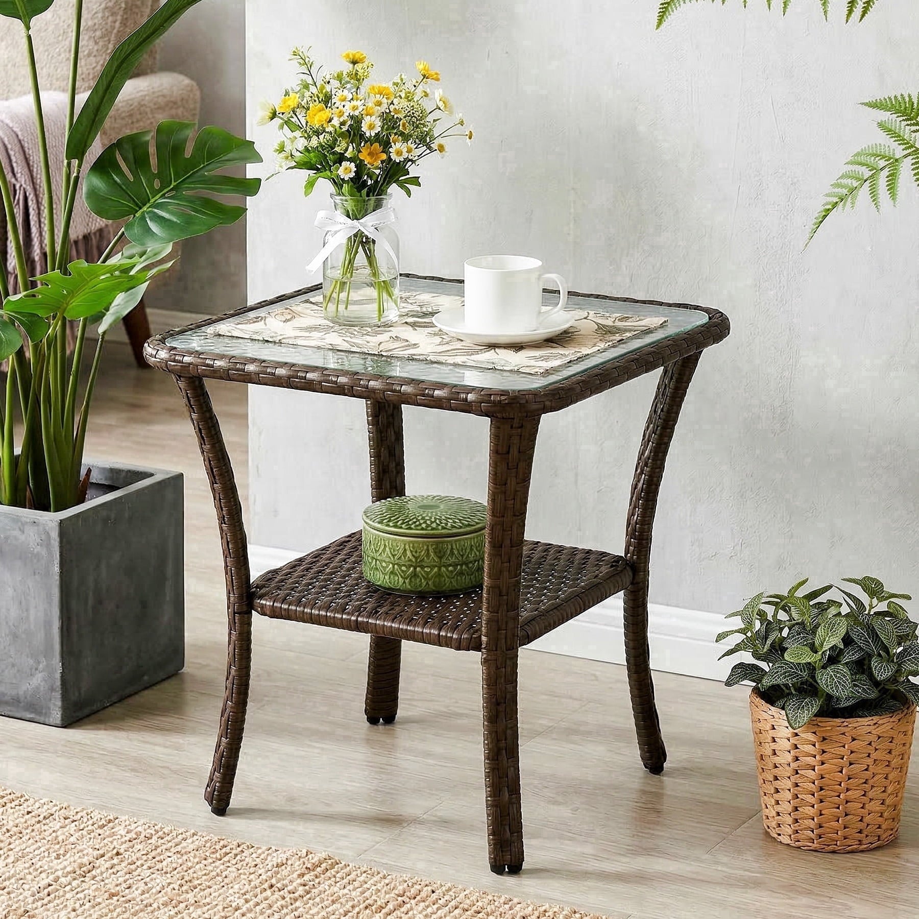 Fnova Outdoor Wicker Square Side Table, PE Rattan Patio End Table with Tempered Glass Top, Sturdy Frame, Small Accent Table for Patio Balcony Poolside,Brown-side table