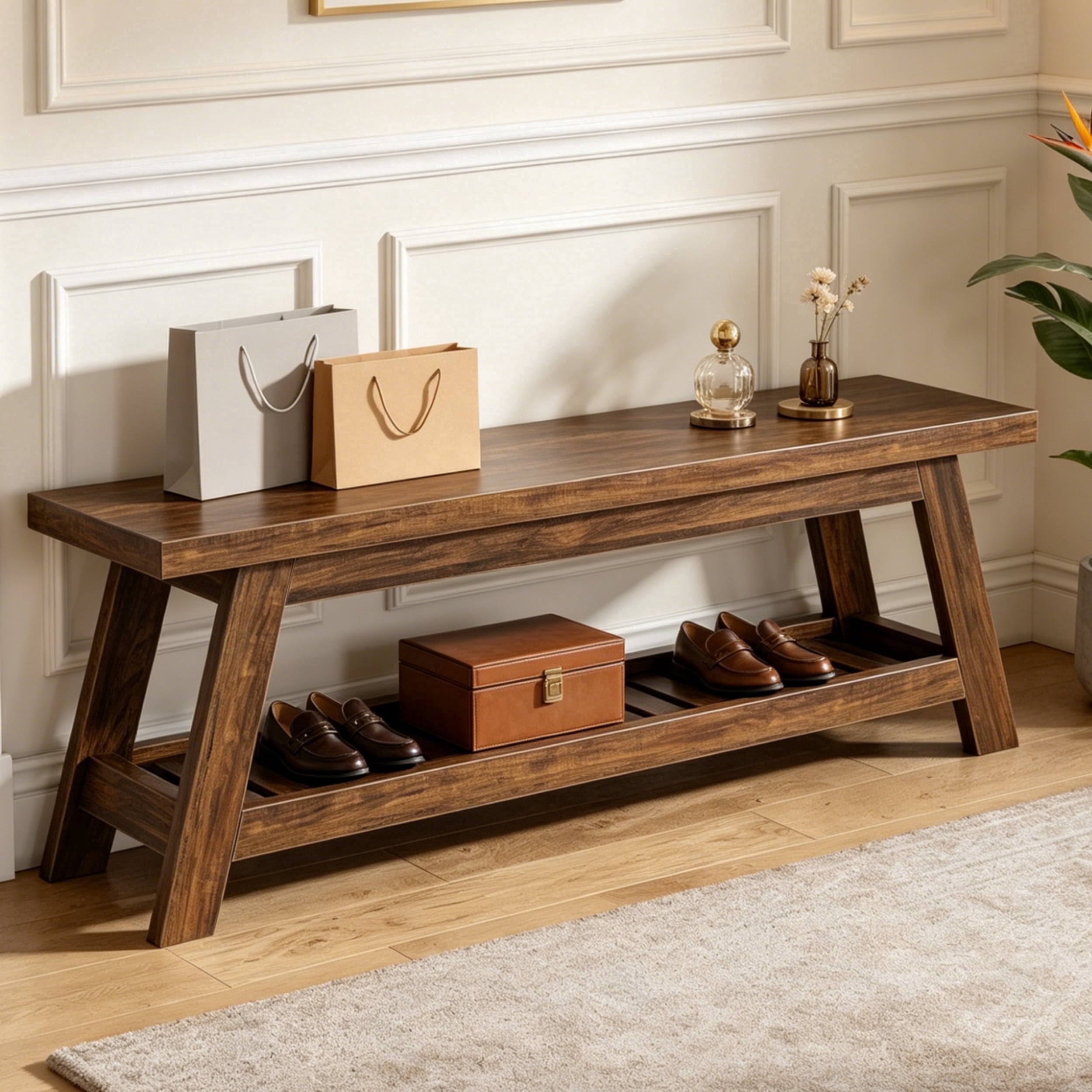 Fnova 55" Narrow 2-Tier Entryway Bench, Seating Bench with Shoe Storage Shelf, Large Wooden Shoe Rack Bench with Open Shelves for Entryway, Living Room, Bedroom, Foyer, Easy Assembly,Dark Brown