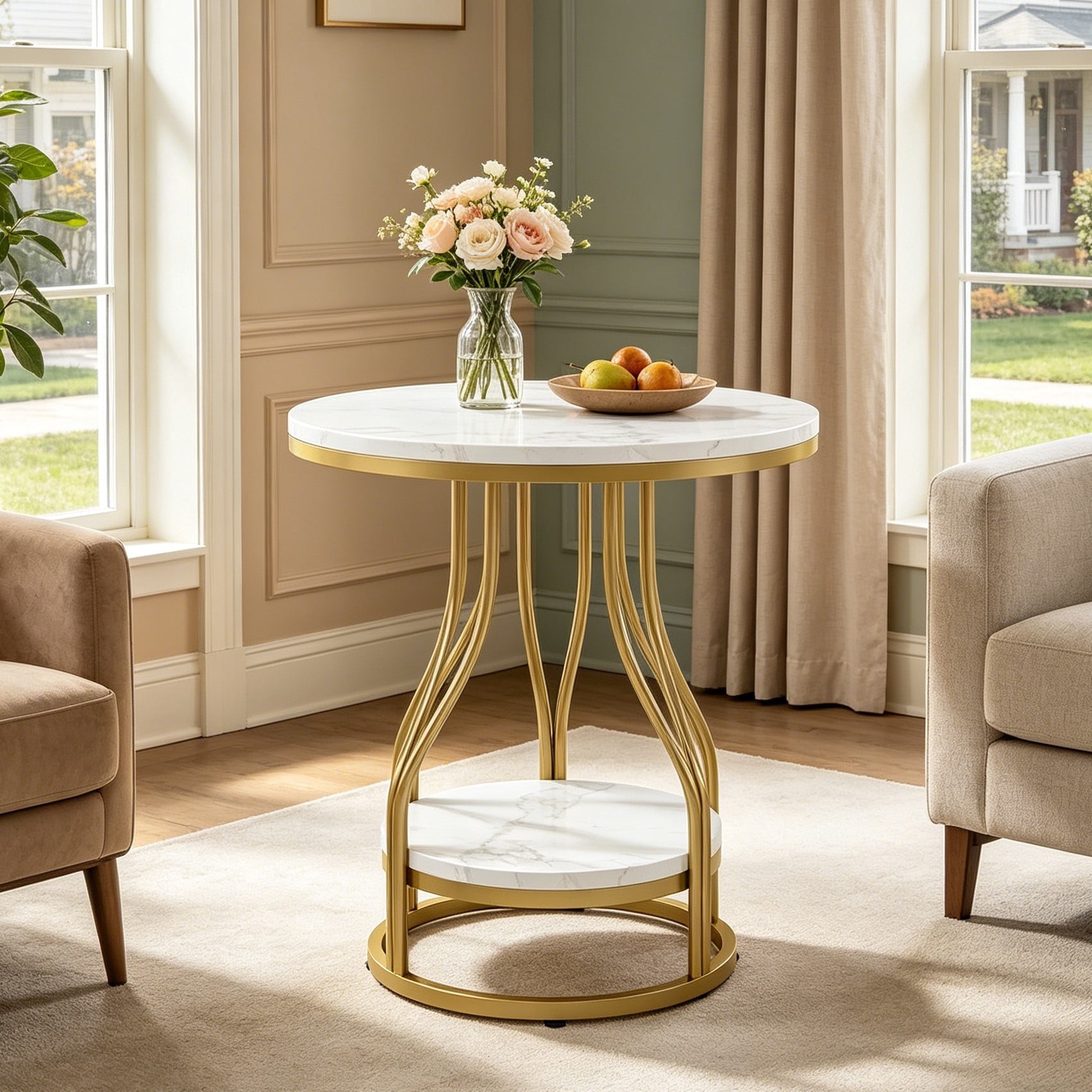 Fnova 23-Inch Round End Table, Modern 2-Tier Side Table with Storage and Metal Frame, Small Bedside Table for Living Room, Bedroom, White Gold,WM010109M_WG_US